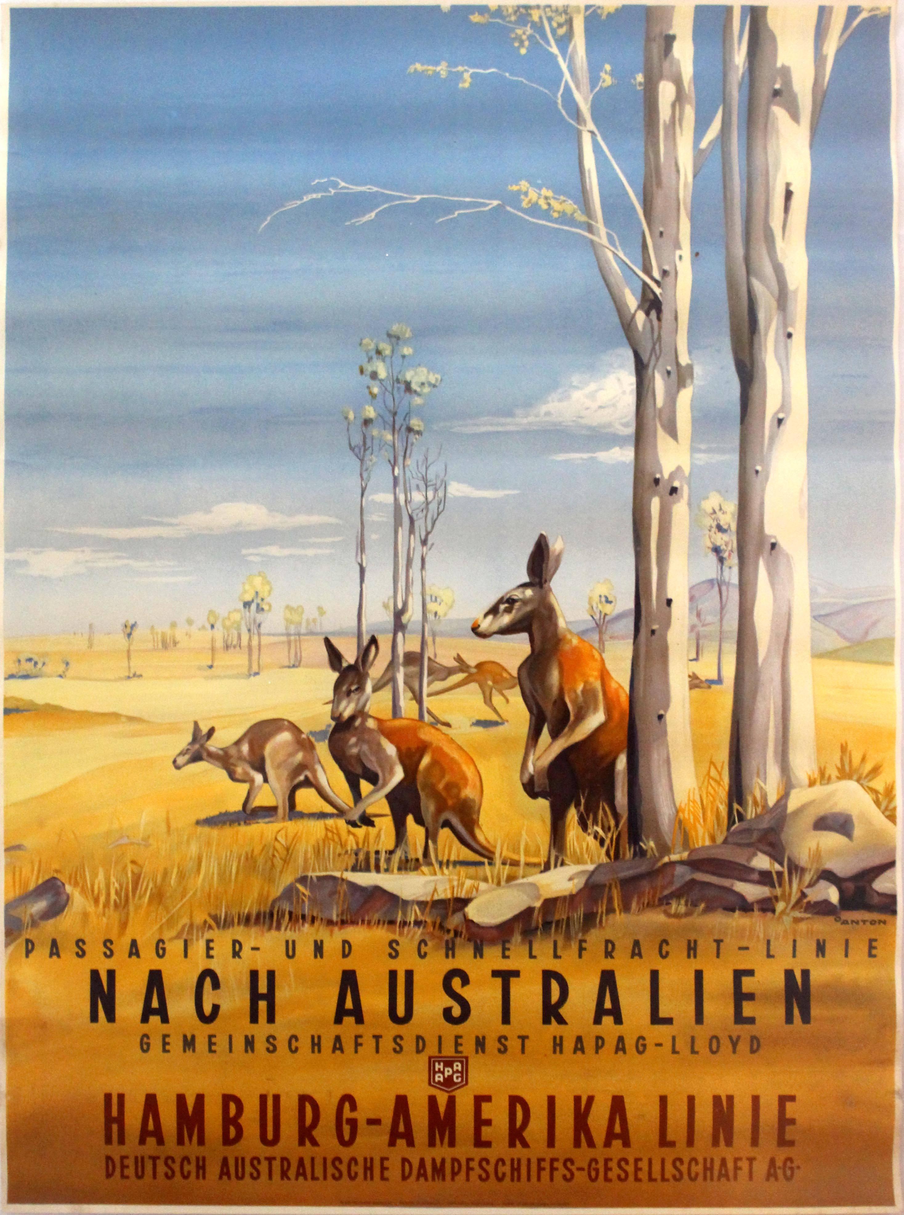 Anton Print - Original 1930s Travel Poster Advertising HAPAG Cruises To Australia - Kangaroos