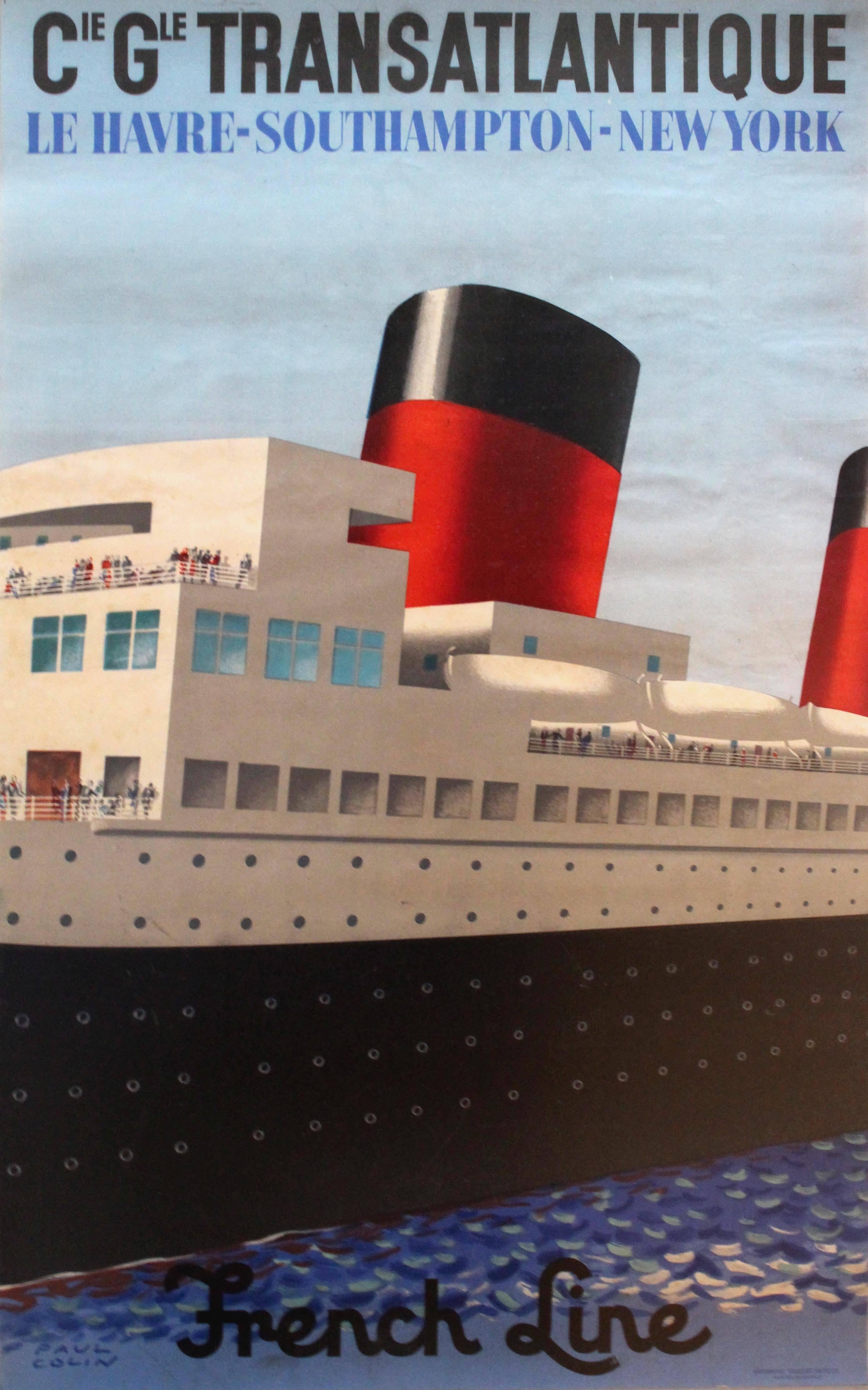 Paul Colin Print - Original 1920s French Line Cruise Ship Poster: Le Havre - Southampton - New York