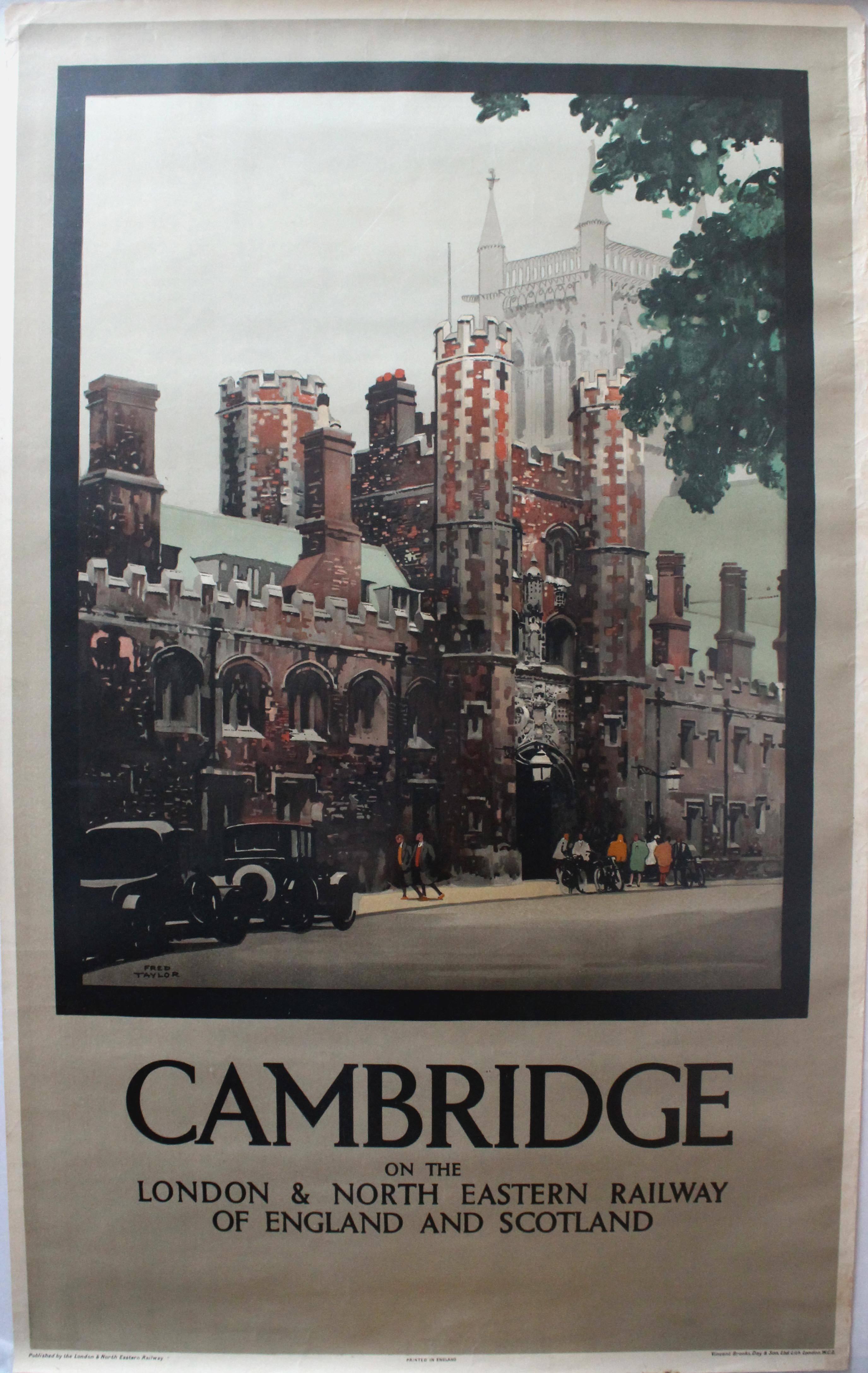 Original vintage travel advertising poster for Cambridge on London & North Eastern Railway of England and Scotland (LNER - the London and North Eastern Railway, 1923-1948). Great image of a Cambridge scene with classic cars and people walking and