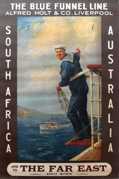 Affiche de voyage originale en en entonnoir bleu des années 1920 : Afrique du Sud:: Australie:: Extrême-Orient