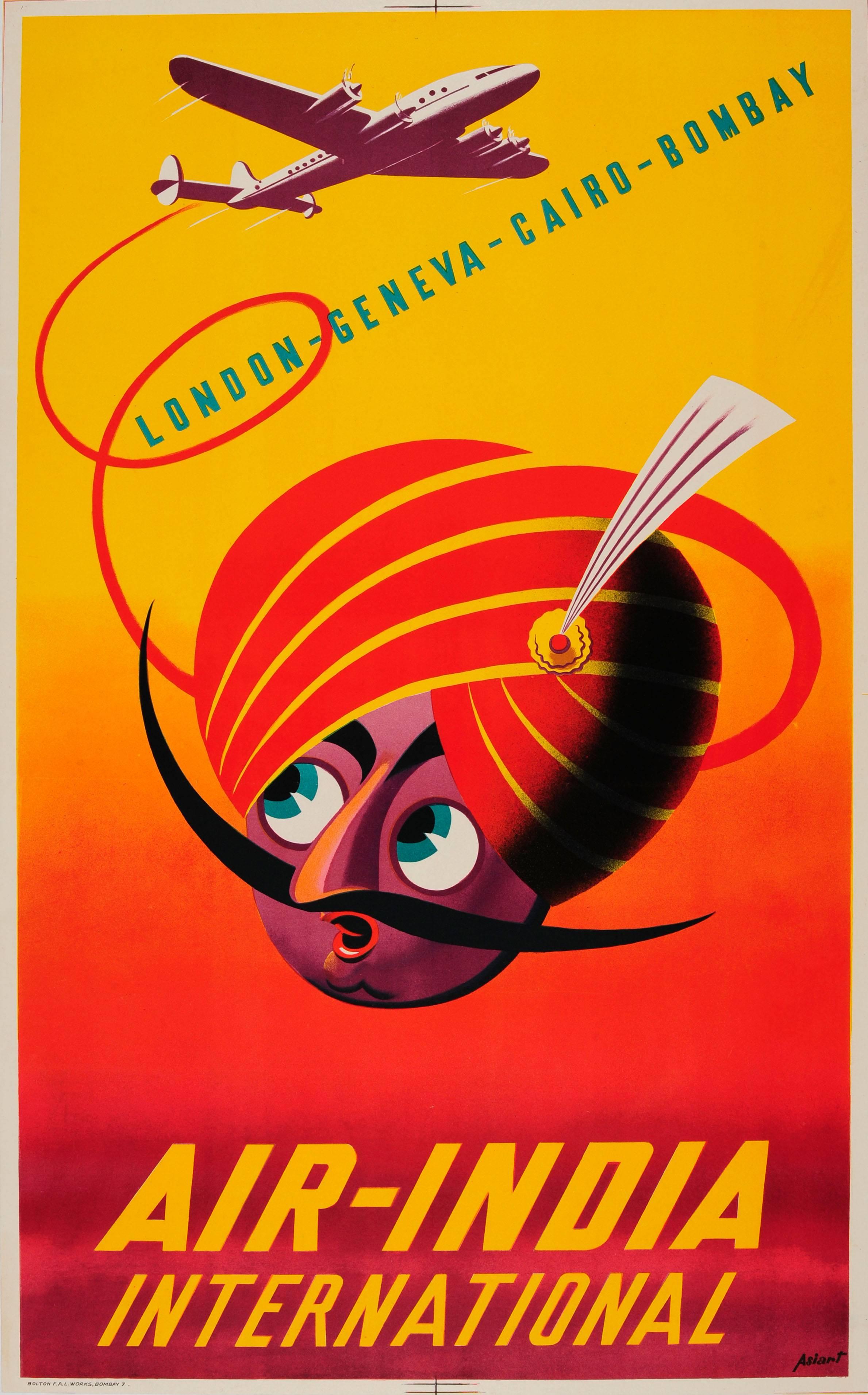 Unknown Print - Original 1948 Air India Travel Advertising Poster For London Geneva Cairo Bombay