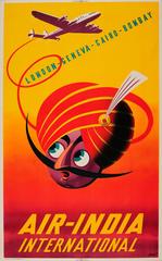 Vintage Original 1948 Air India Travel Advertising Poster For London Geneva Cairo Bombay