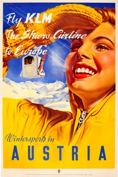 Affiche de ski vintage originale de Paul Aigner : Sports d'hiver en Autriche - Fly KLM