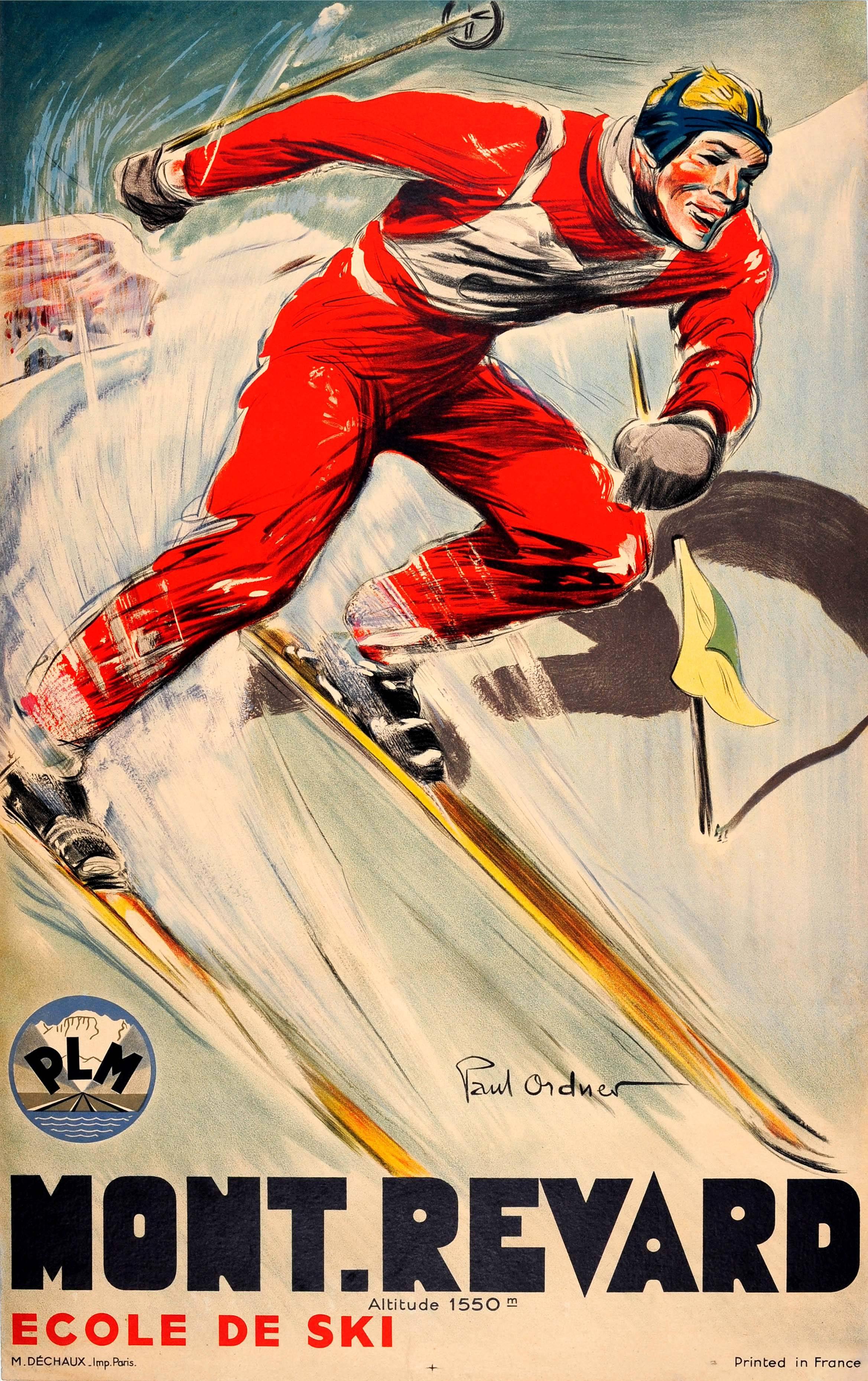 Original-Skiplakat von Paul Ordner (1900-1969) mit einem dynamischen Bild eines Skifahrers:: der auf einer Bergpiste durch die Kurven eines Slalomrennens fährt. Der Mont Revard ist ein Berg in der Bauges-Gebirgskette in Savoyen:: Frankreich:: auf