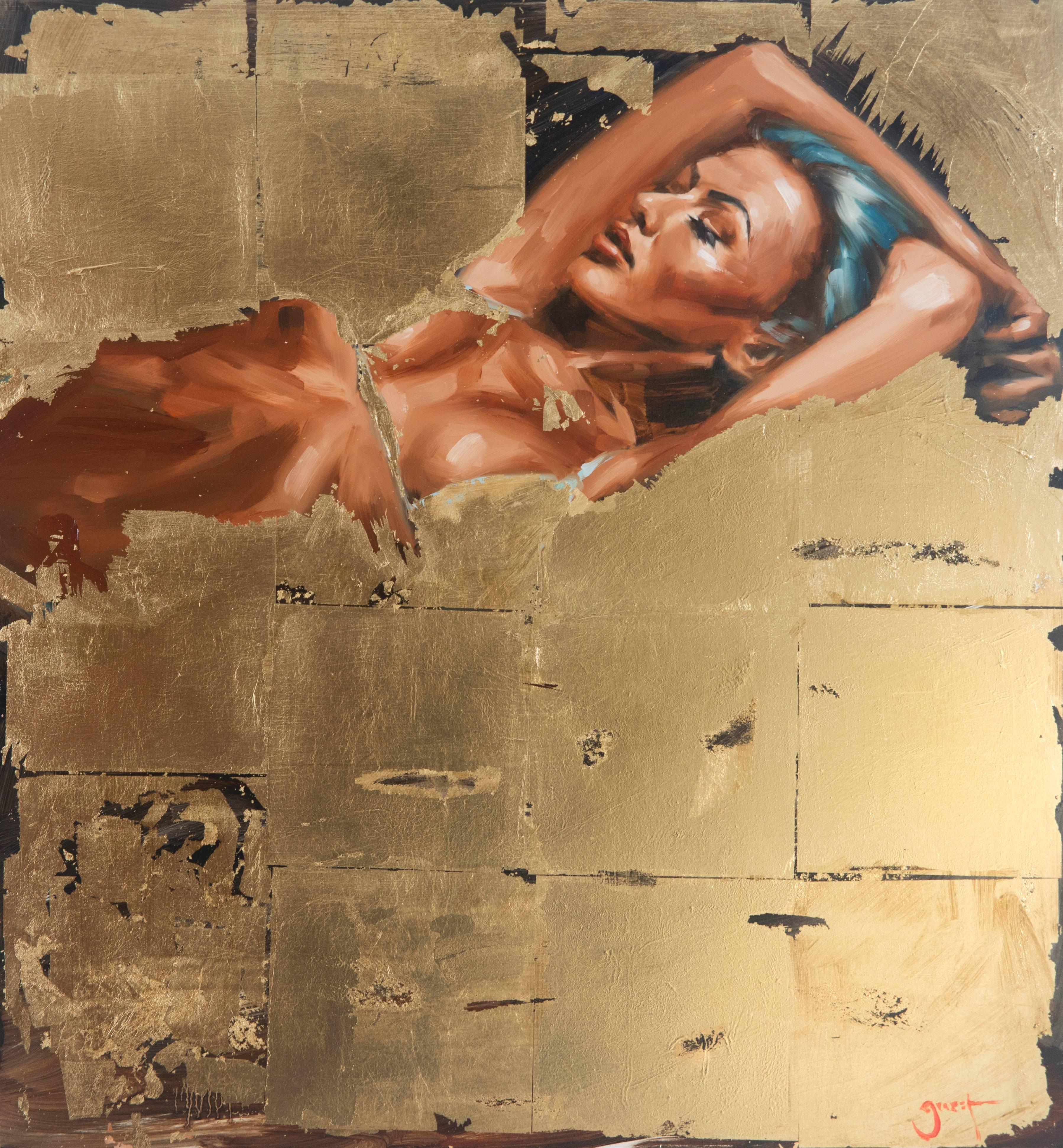 Chris Guest Nude Painting - Blue Hair on Gold 