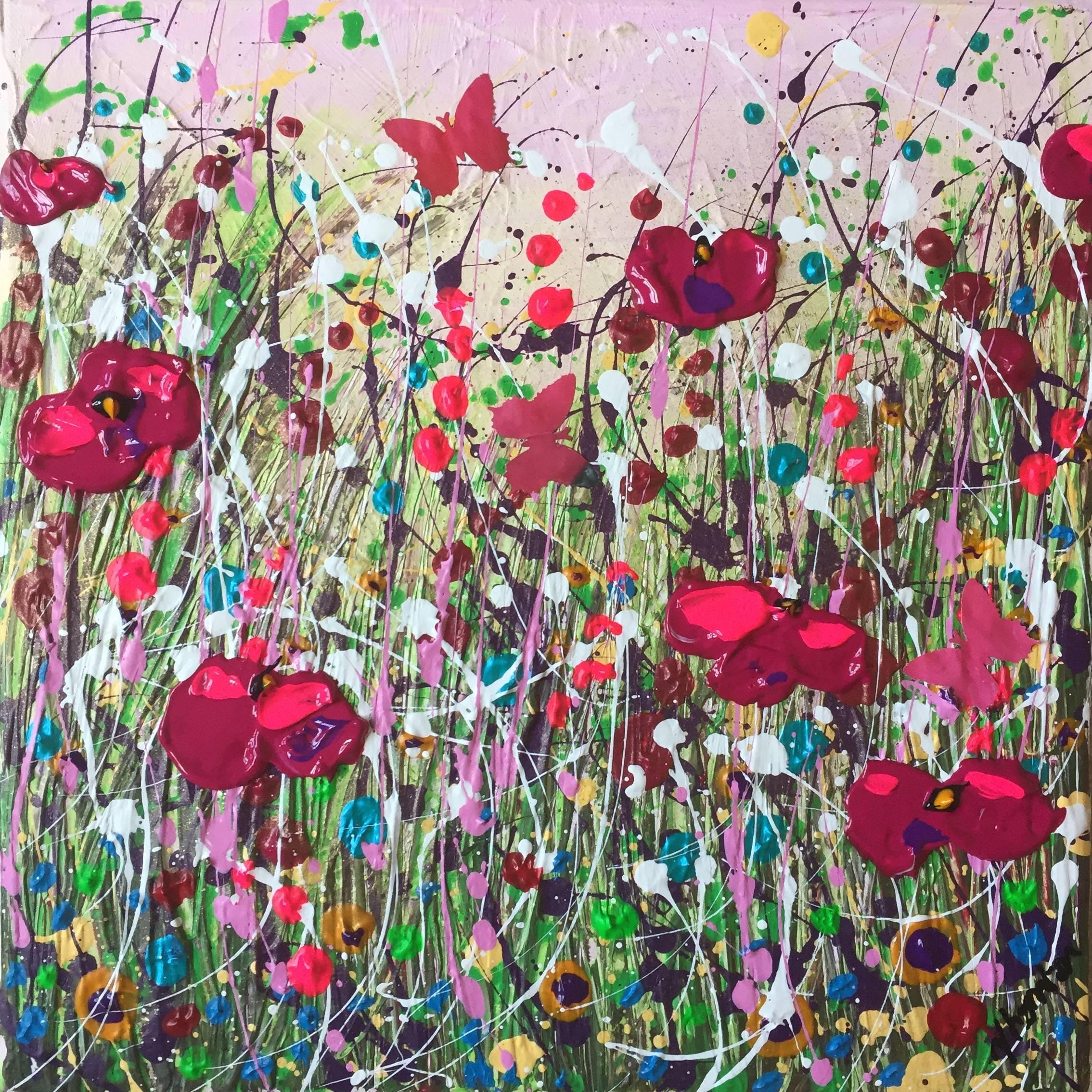 In the Grasses, Original, Acyrlic on Canvas, Flowers, Interior, Red poppies. - Painting by Tracey Thornton