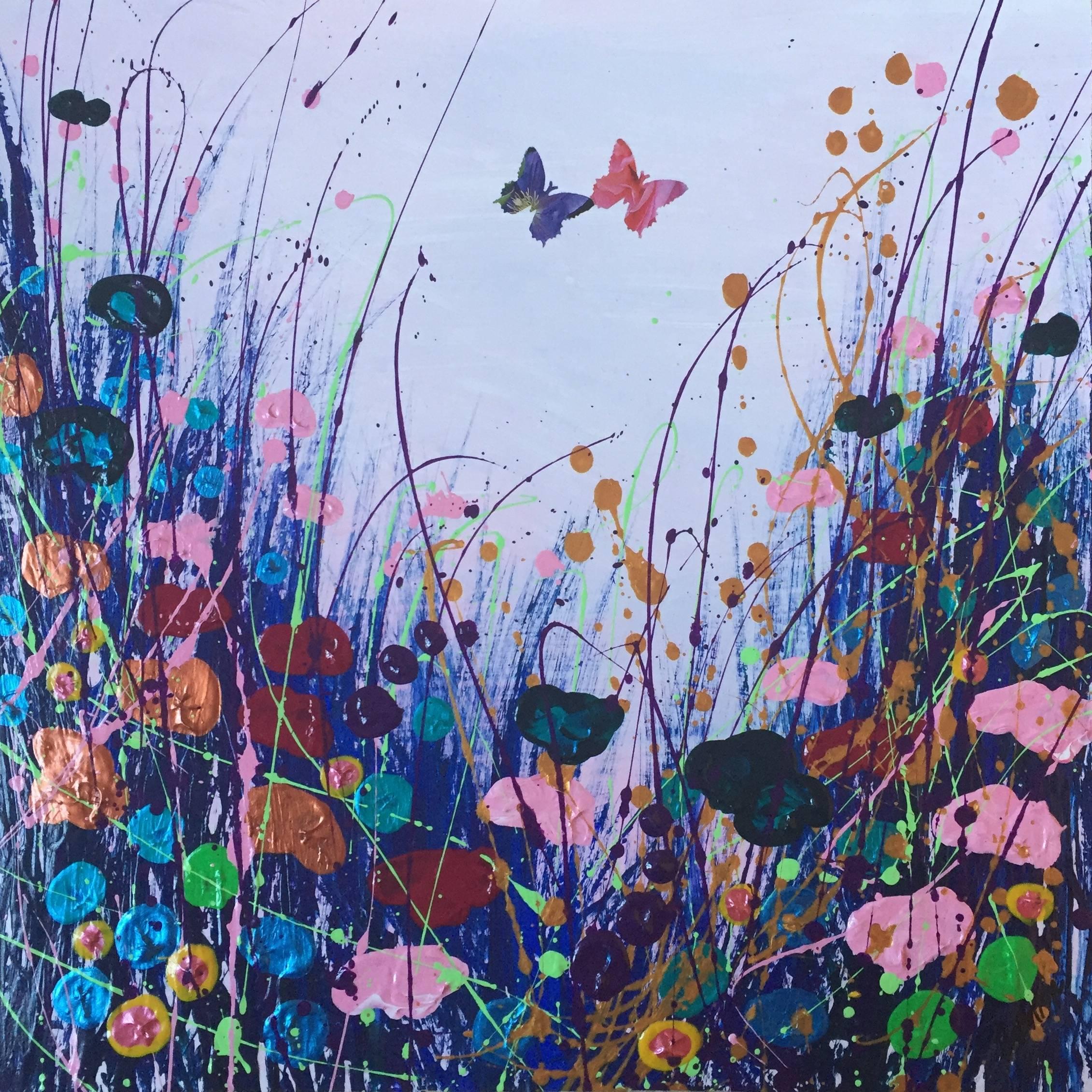 Caress, Original, Acyrlic on Card, Butterflies, Copper, Pink, Blue, Signed - Mixed Media Art by Tracey Thornton