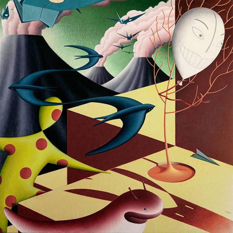 Rupert Gatfield Abstract Painting - Arrival, Original, Originami Cranes, enigmatic subject, surreal, inflatables, 
