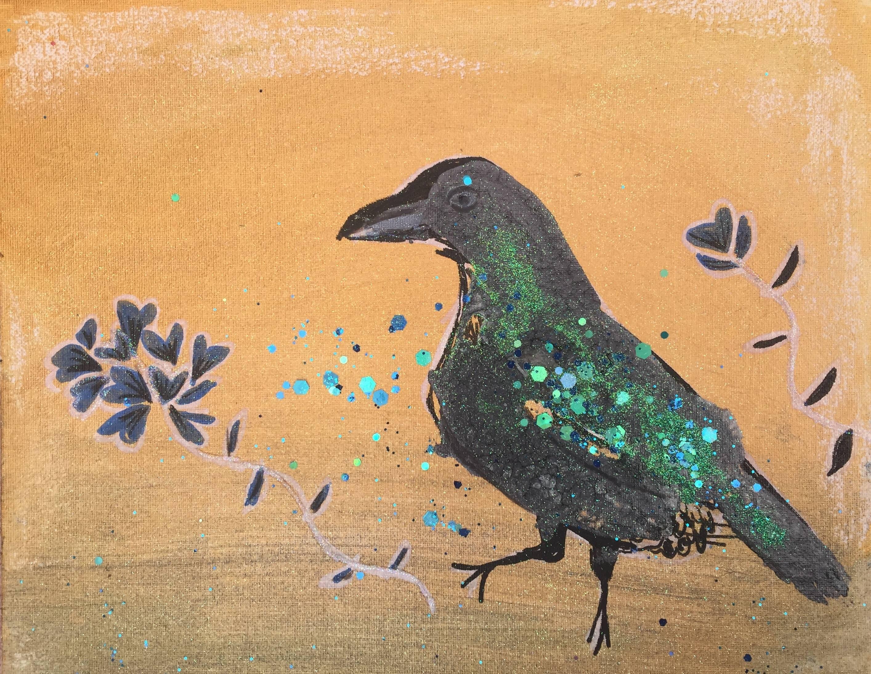 Claire Westwood Animal Painting - Dancing Raven, Original, Blue Black Raven, Gold, Paper, Mermaid Glitter, Signed