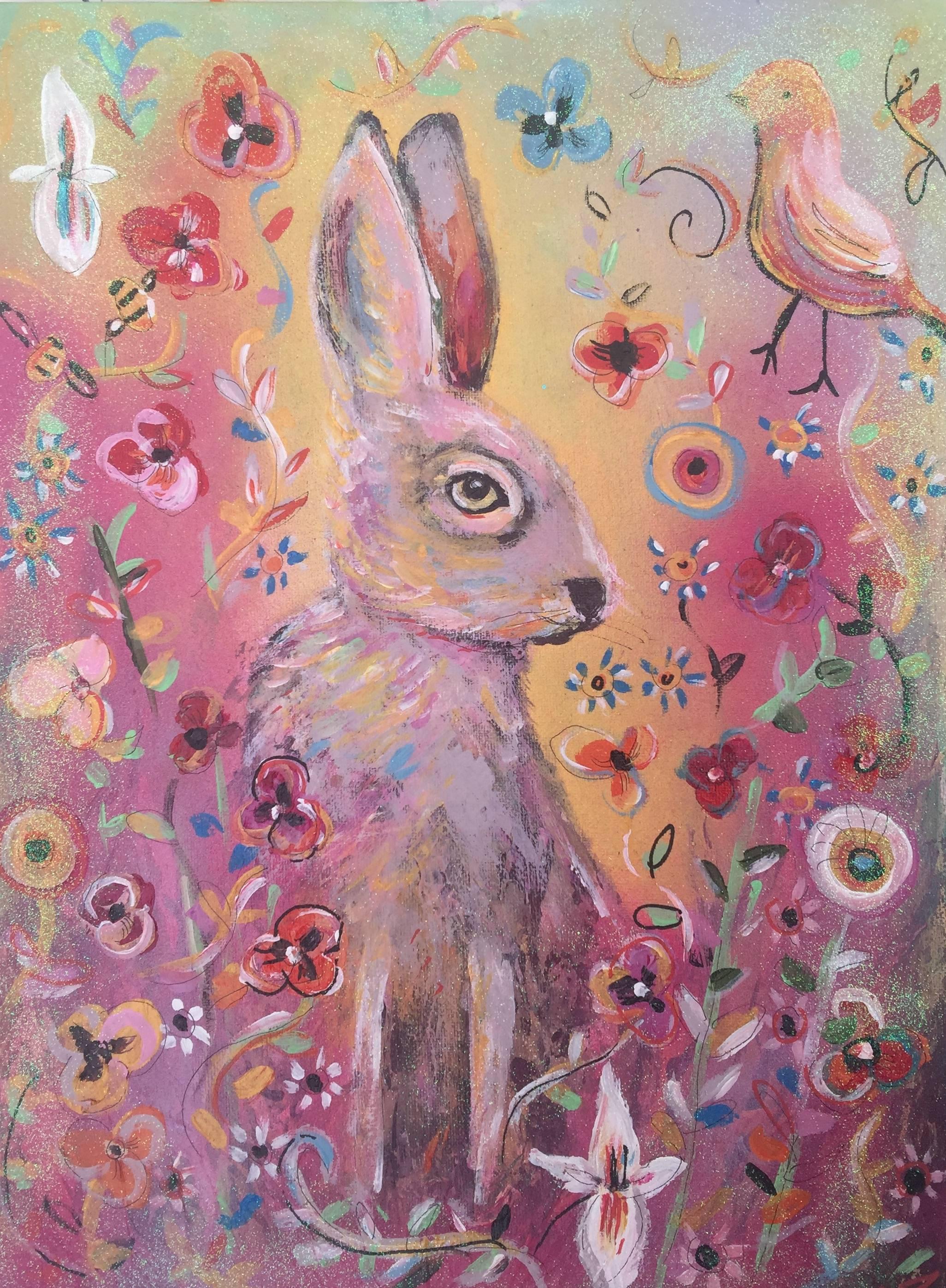 Hare on Gold, Original, Hare, pink and gold floral design, quirky bird, Signed - Mixed Media Art by Claire Westwood