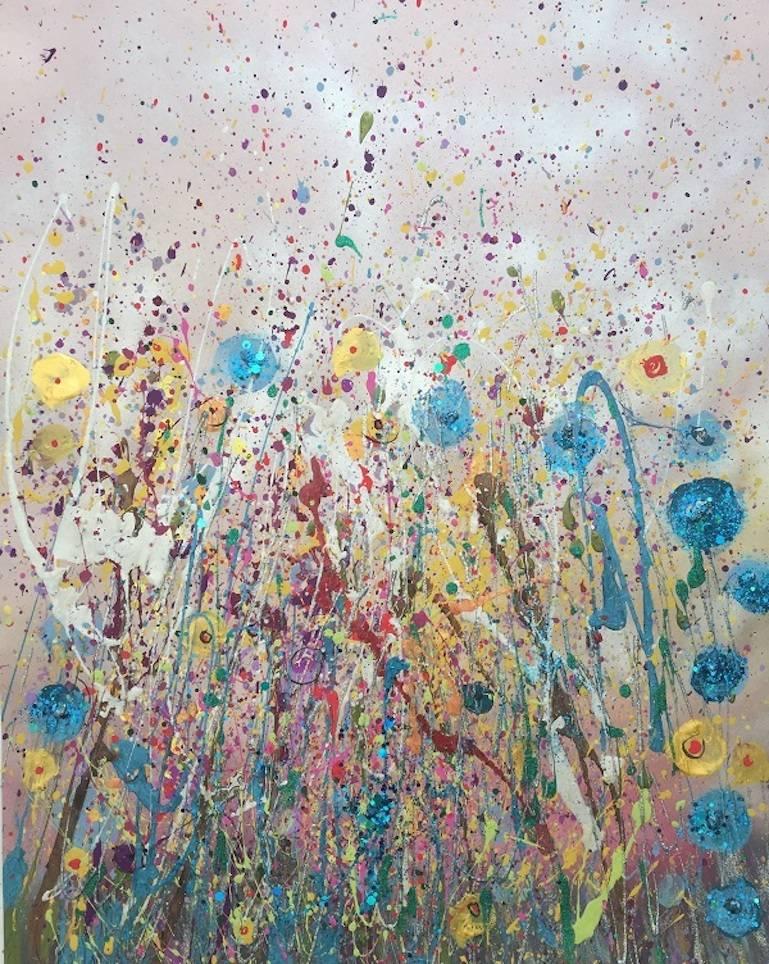 Blue flowers, Original Household Paint, Prisme Paint, Abstract, Sparkles. Signed - Mixed Media Art by Claire Westwood
