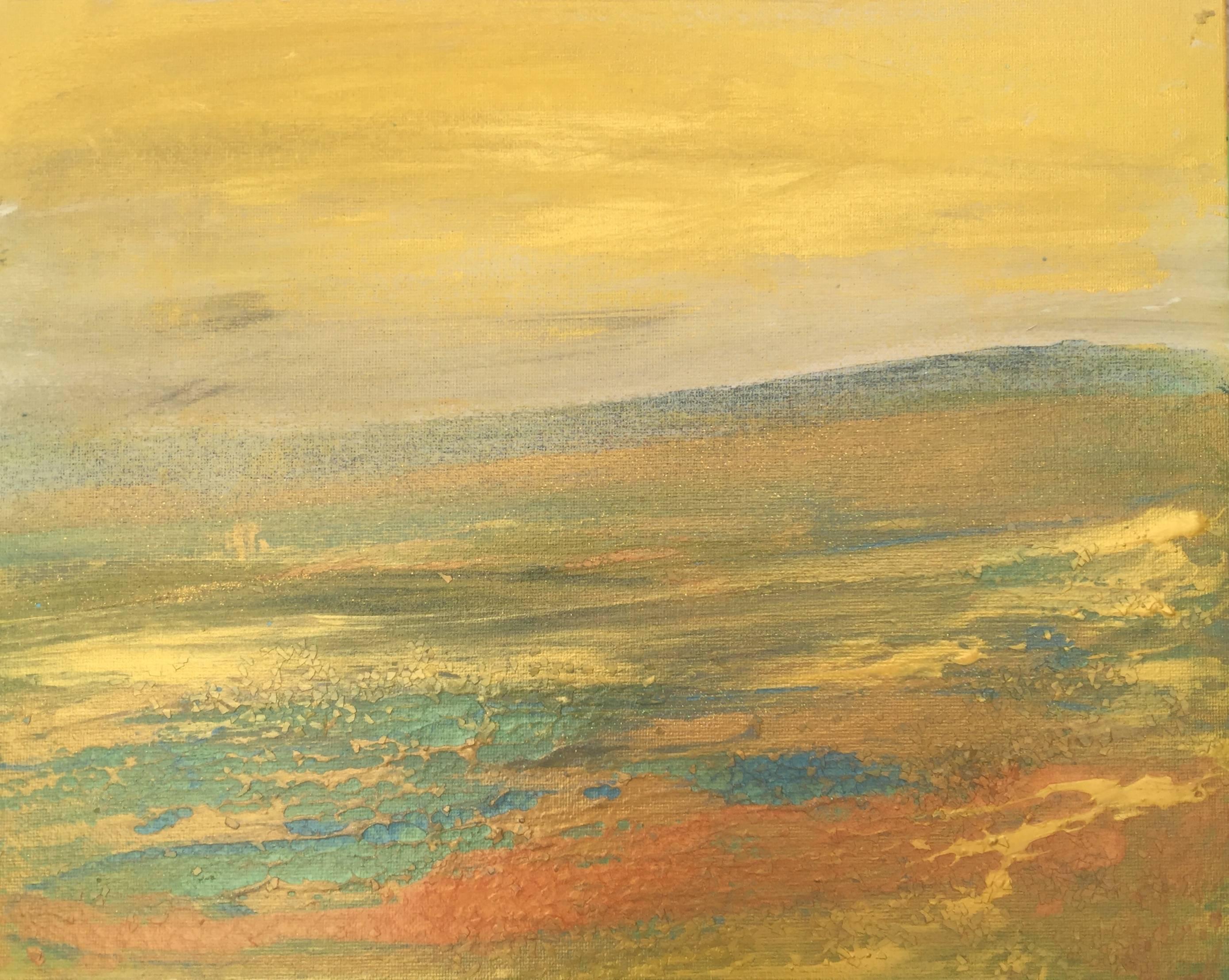 Claire Westwood Abstract Painting - Golden land, Original, Acrylic Paint on Board, Landscape, Gold Yellow. Signed.