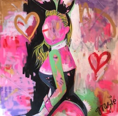 Everything but the Bunny. Bunny Girl, HeartsOriginal. Acyrlic on Canvas, Signed.