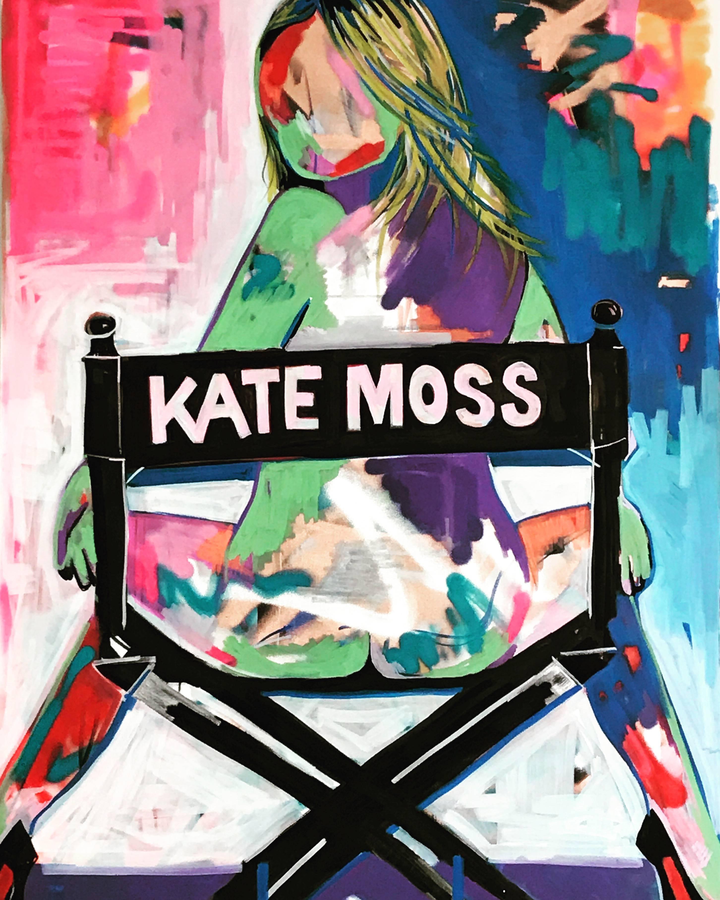 grAzie Figurative Painting - Kate Moss. Original. Acrylic on Canvas, Directors Chair, Lui Magazine, Signed.