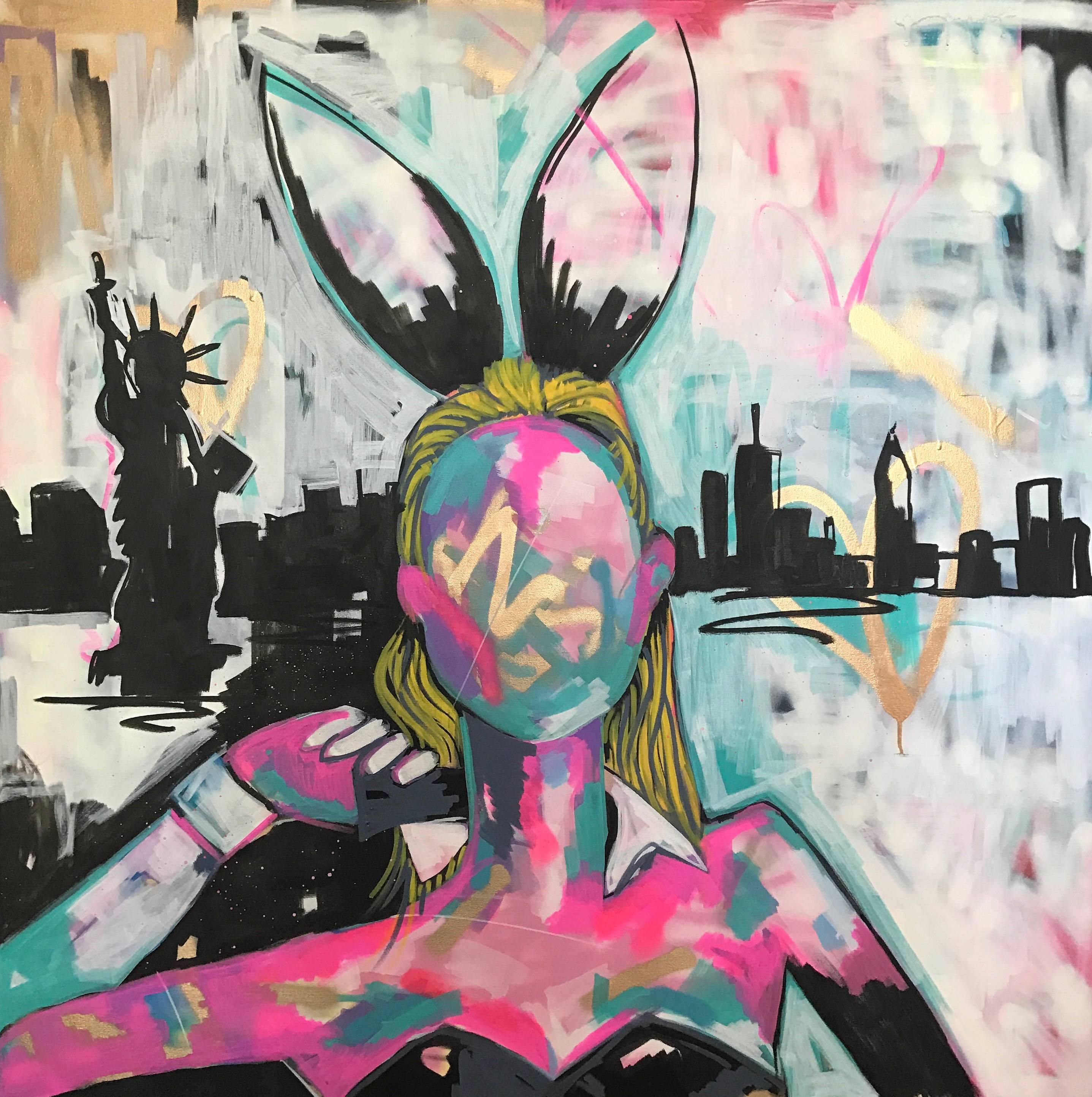 Kate Moss New York. Original. Acrylic on Canvas, Bunny Girl, Play Boy NYC sky - Art by grAzie