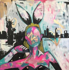 Kate Moss New York. Original. Acrylic on Canvas, Bunny Girl, Play Boy NYC sky