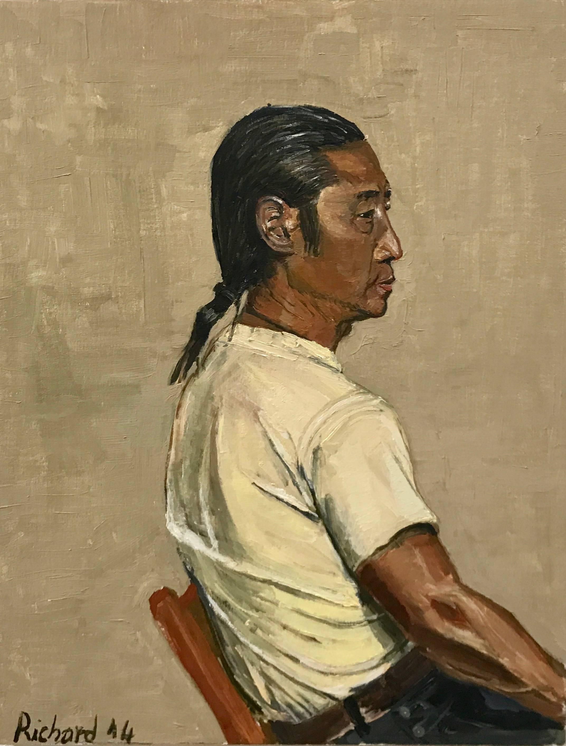 Richard Burger Portrait Painting - Dorje. Original. Oil Paint on Board, Traveller, A Tibetan man, looking towards g