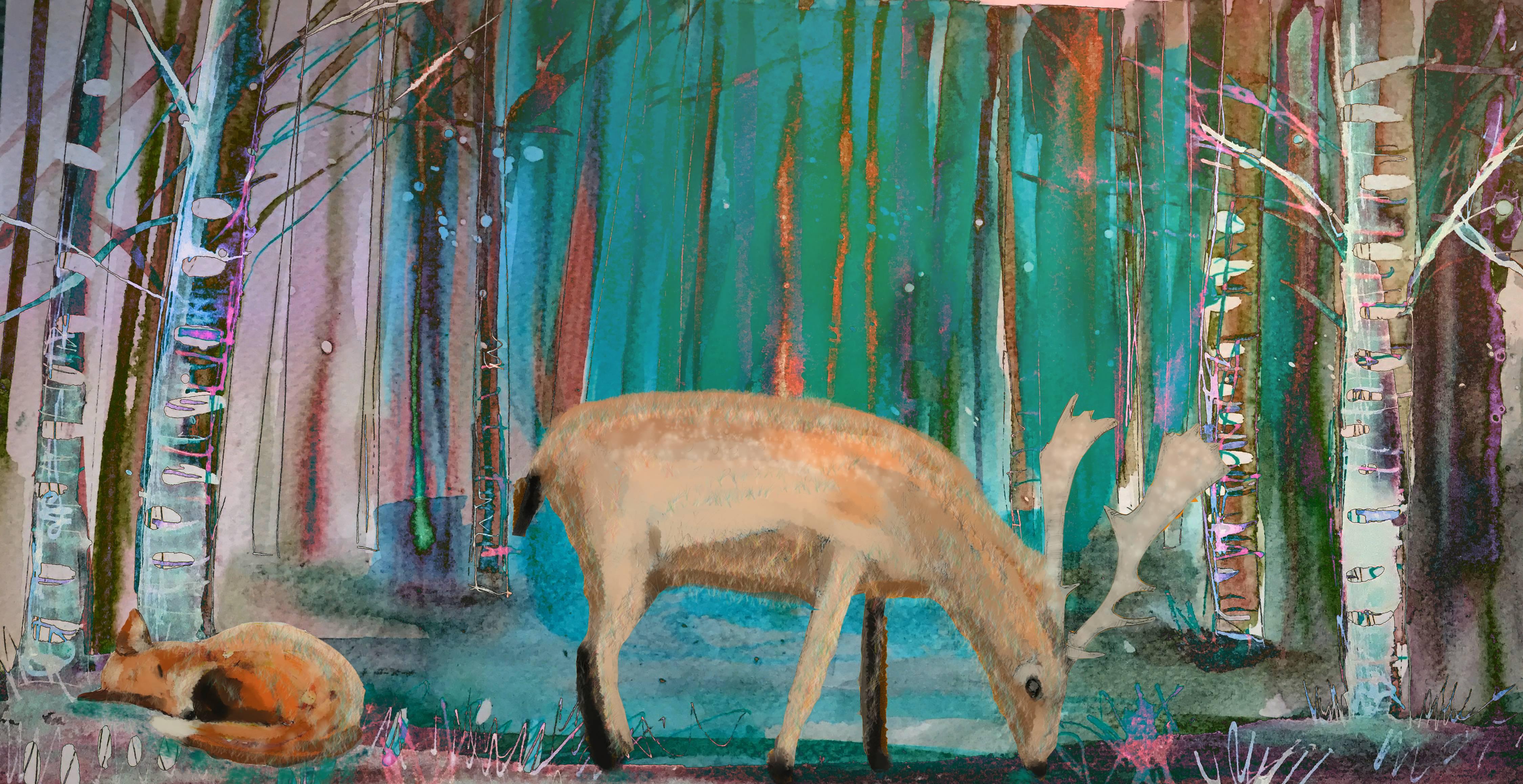 Deer in the Blue Woods, Digital Limited Edition Print of 20. Diamond dust Signed - Art by Claire Westwood