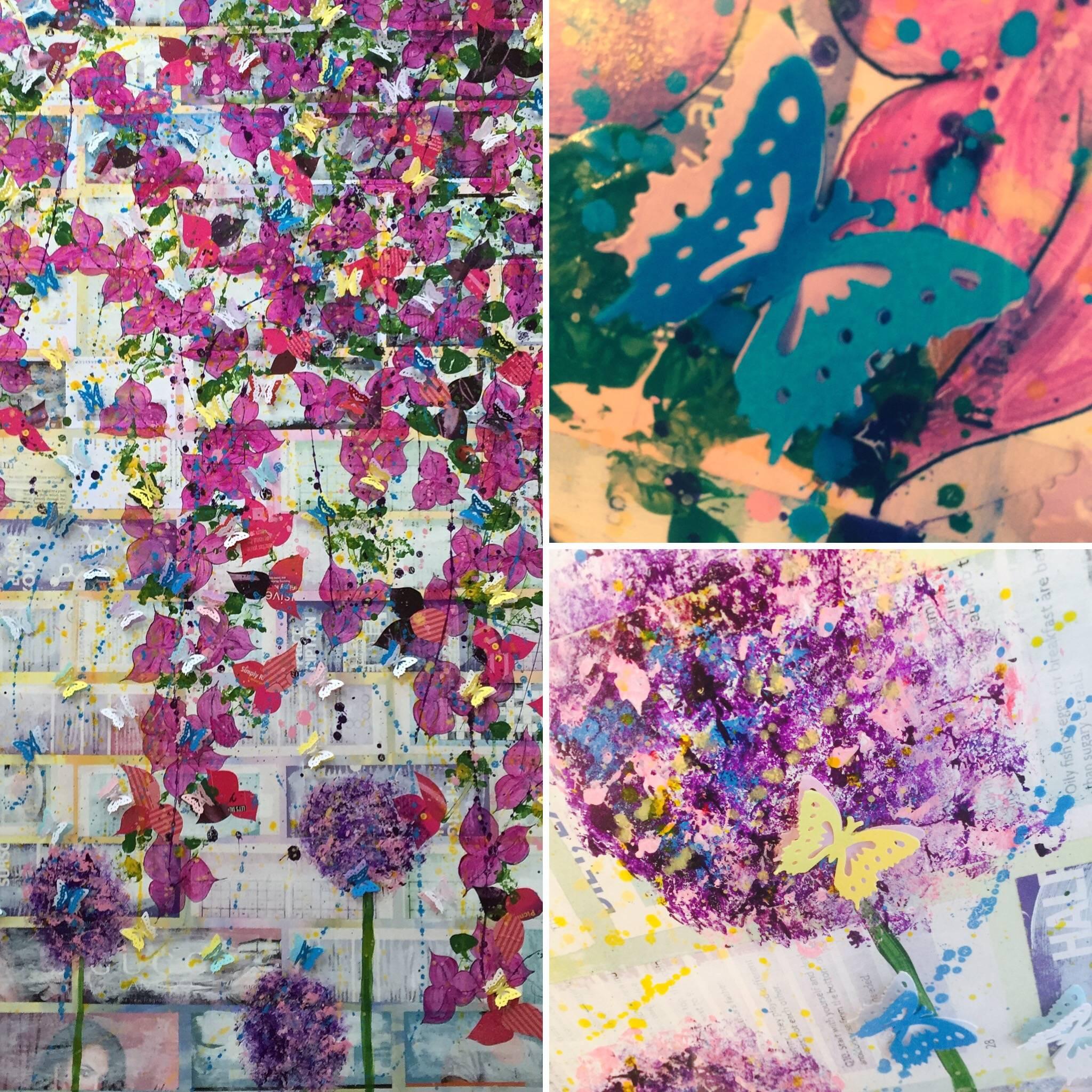 We are thrilled to be able to offer this piece.

Thornton works predominantly in acrylic, collage and mixed-media in a vibrant, contemporary style. Thornton's Butterfly Series in mixed-media adopts 3-D butterflies to beautifully represent scenarios,