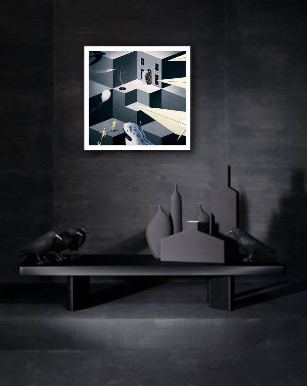 Approach, Original, Tumbling blocks subdued monochrome, Origami cranes Signed - Painting by Rupert Gatfield
