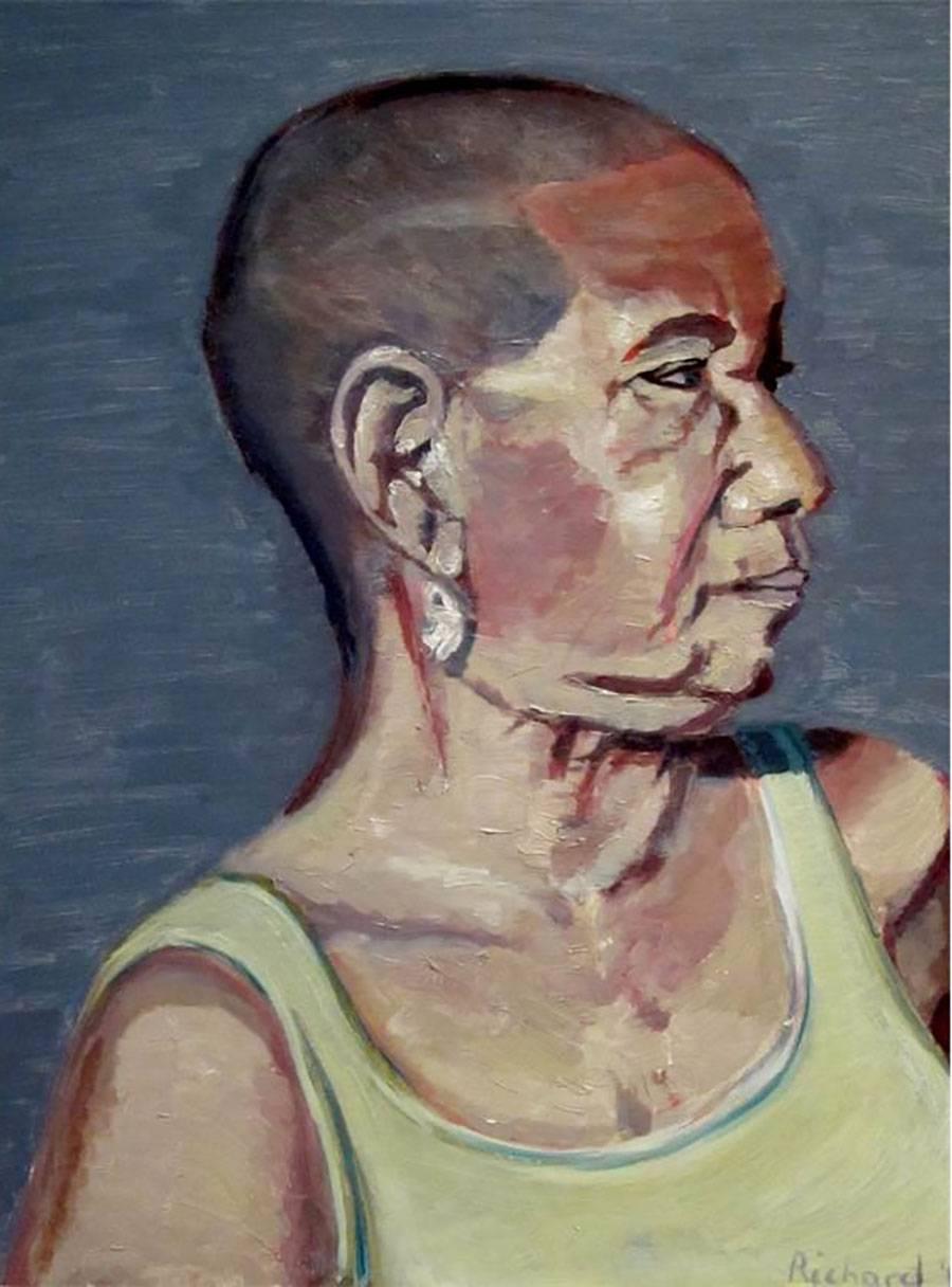 Richard Burger Portrait Painting - Rajna. Original. Oil Paint on Board, New York woman, Eccentric, Signed.