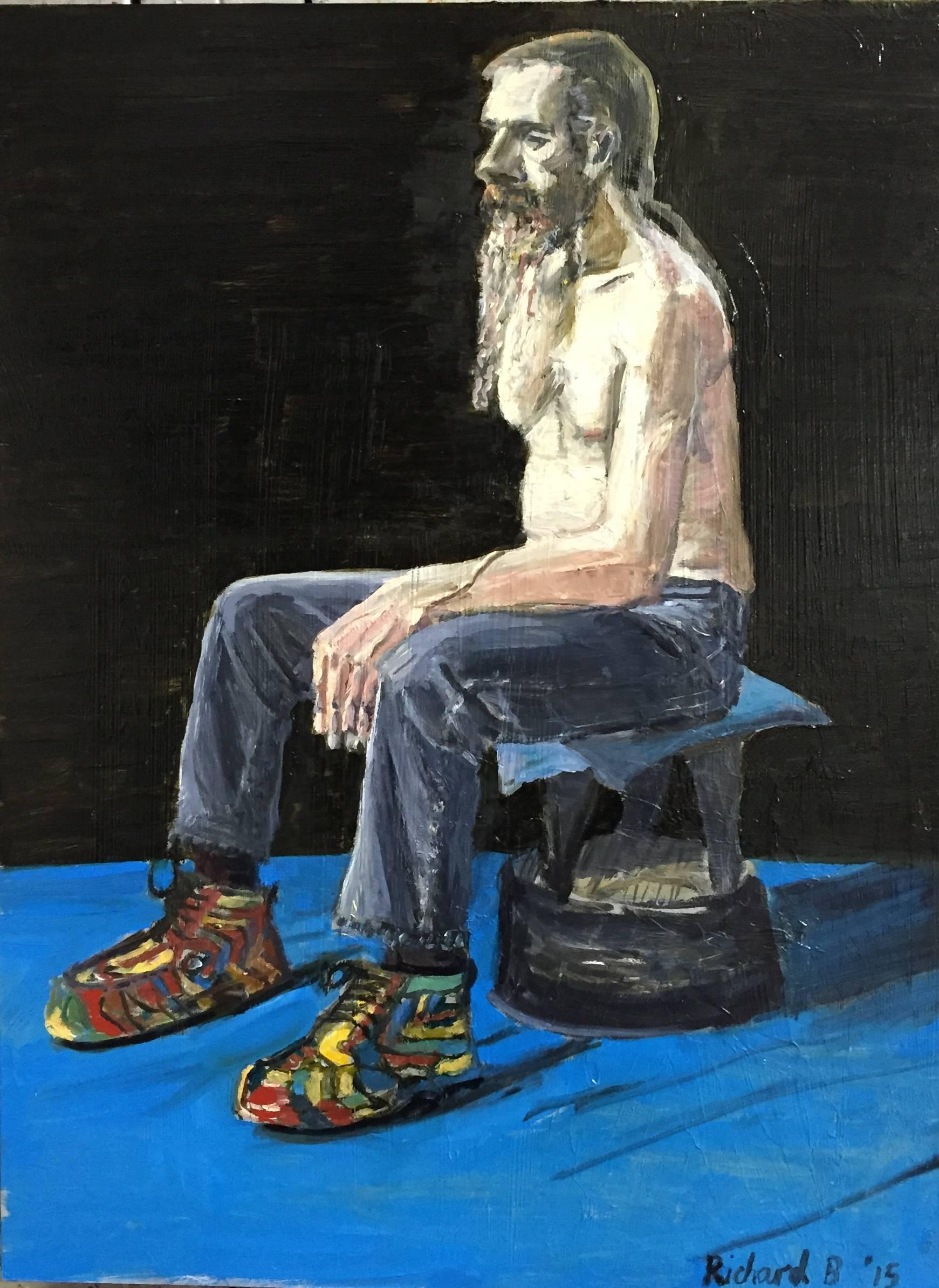 Richard Burger Portrait Painting - Mike Likes His Shoes and So Do I. Original. Oil Paint on Canvas, Man, Signed. 