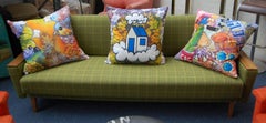 Cushions featuring  white house, blue window door and roof cloud chimney