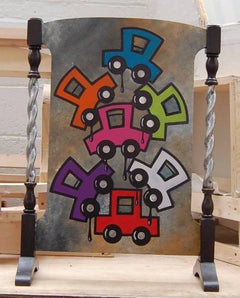 Fireguard: Reversible. original art Signed zebra crossing globe oak plant stand