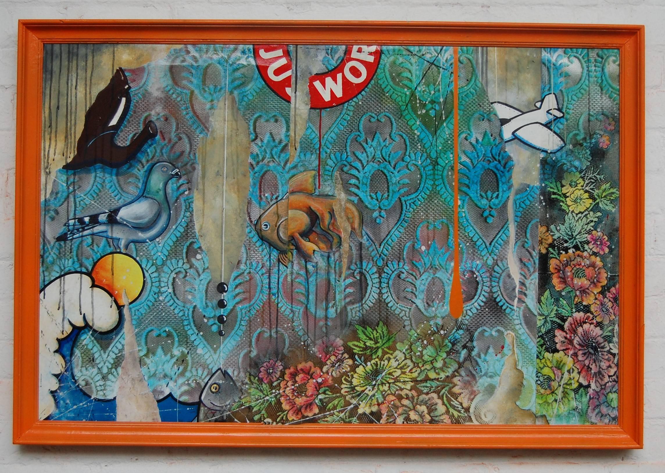 Matt Jordan Abstract Painting - Fish Tank Painted on disused advertising print from office in Austria. Signed.