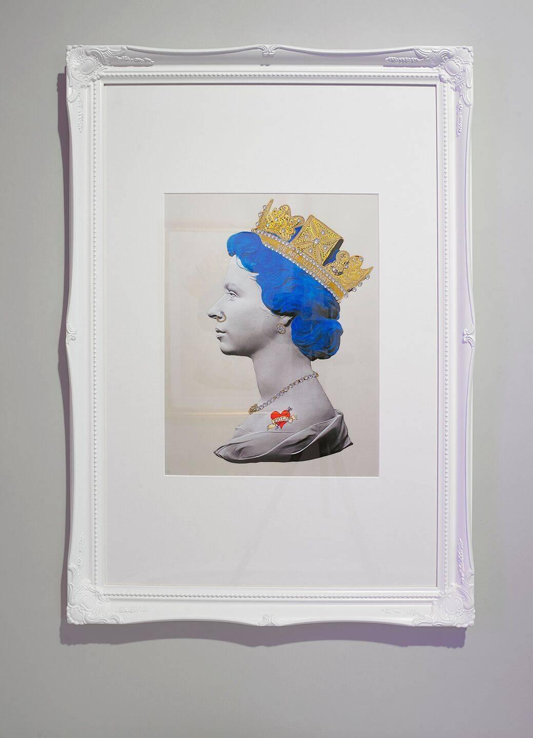 Small Baby Blue Queen Print Philip Tattoo Heart Gold Crown Limited Ed Print - Mixed Media Art by Mark Sloper