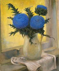 Vintage Blue Thistles - Verso: Still Life with Red Flowers