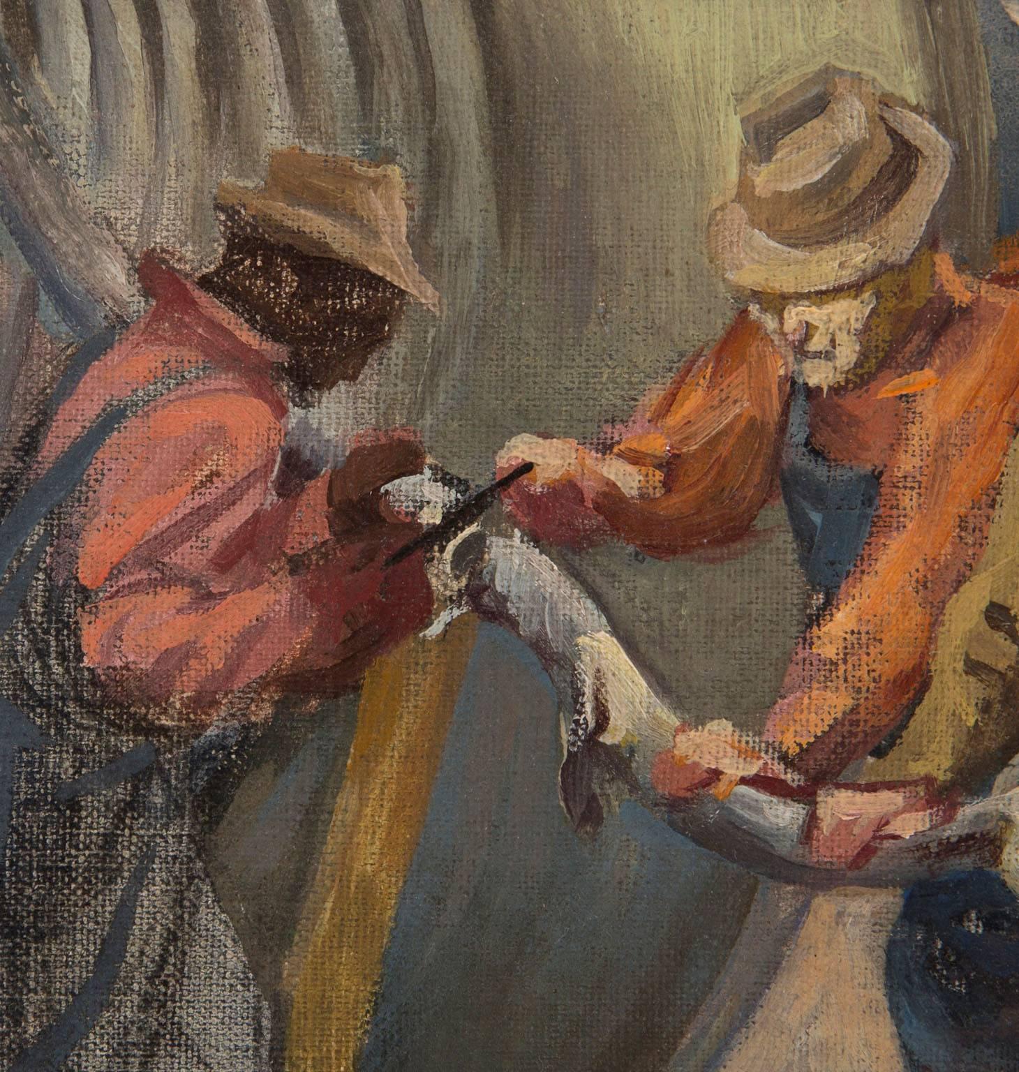 Study for Cable Men - Black Figurative Painting by Victor Mikail Arnautoff