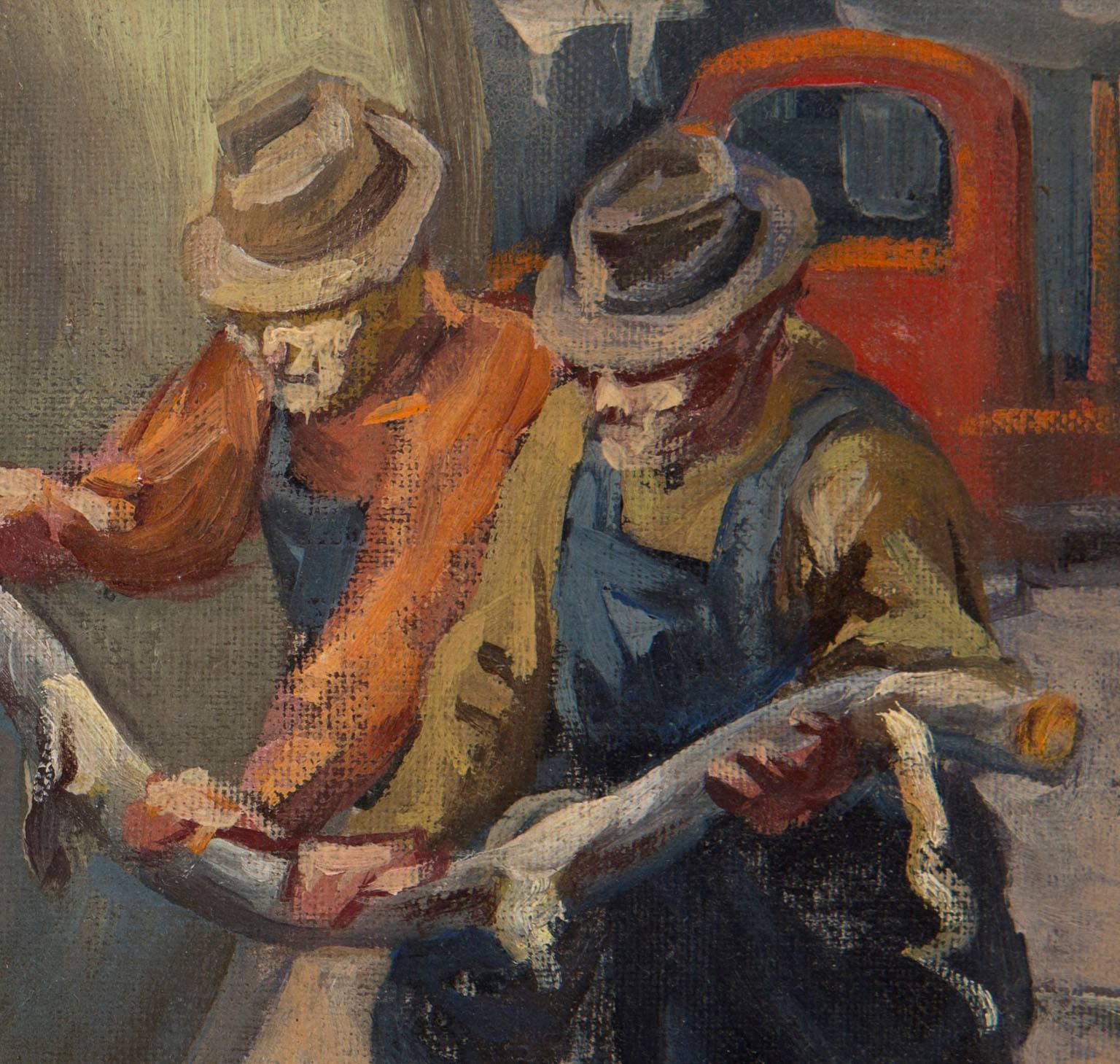From the Estate of the Artist, Coit Tower muralist Victor Arnautoff, this circa 1948 oil painting on board is signed “V. Arnautoff” lower left, and measures 6.25 x 8 inches.  It is housed in a designer, gold leaf frame measuring approximately 7.75 x