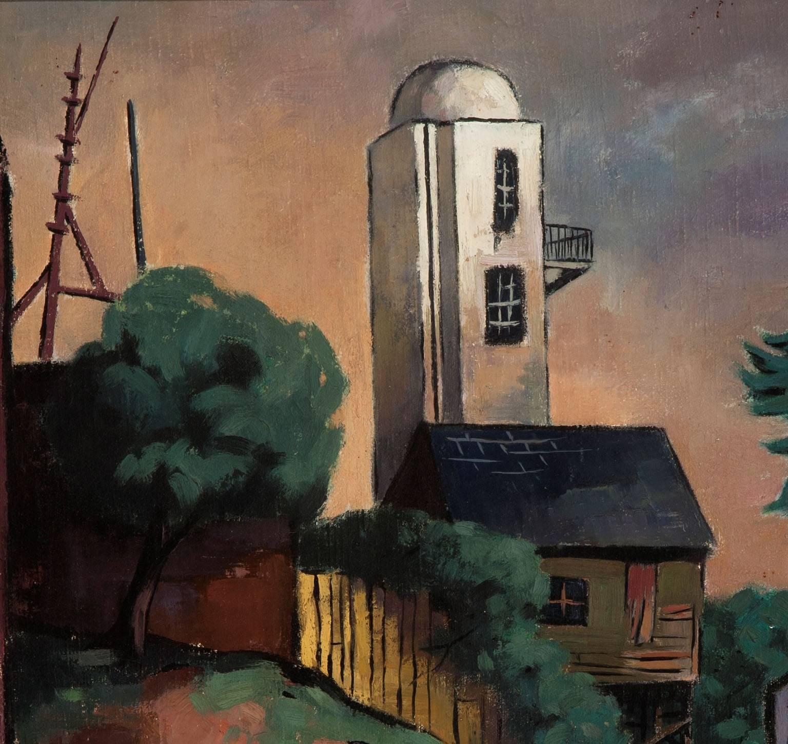 View of Pasquale's tower from Kearny Street, San Francisco - Painting by Paul Leland Thompson