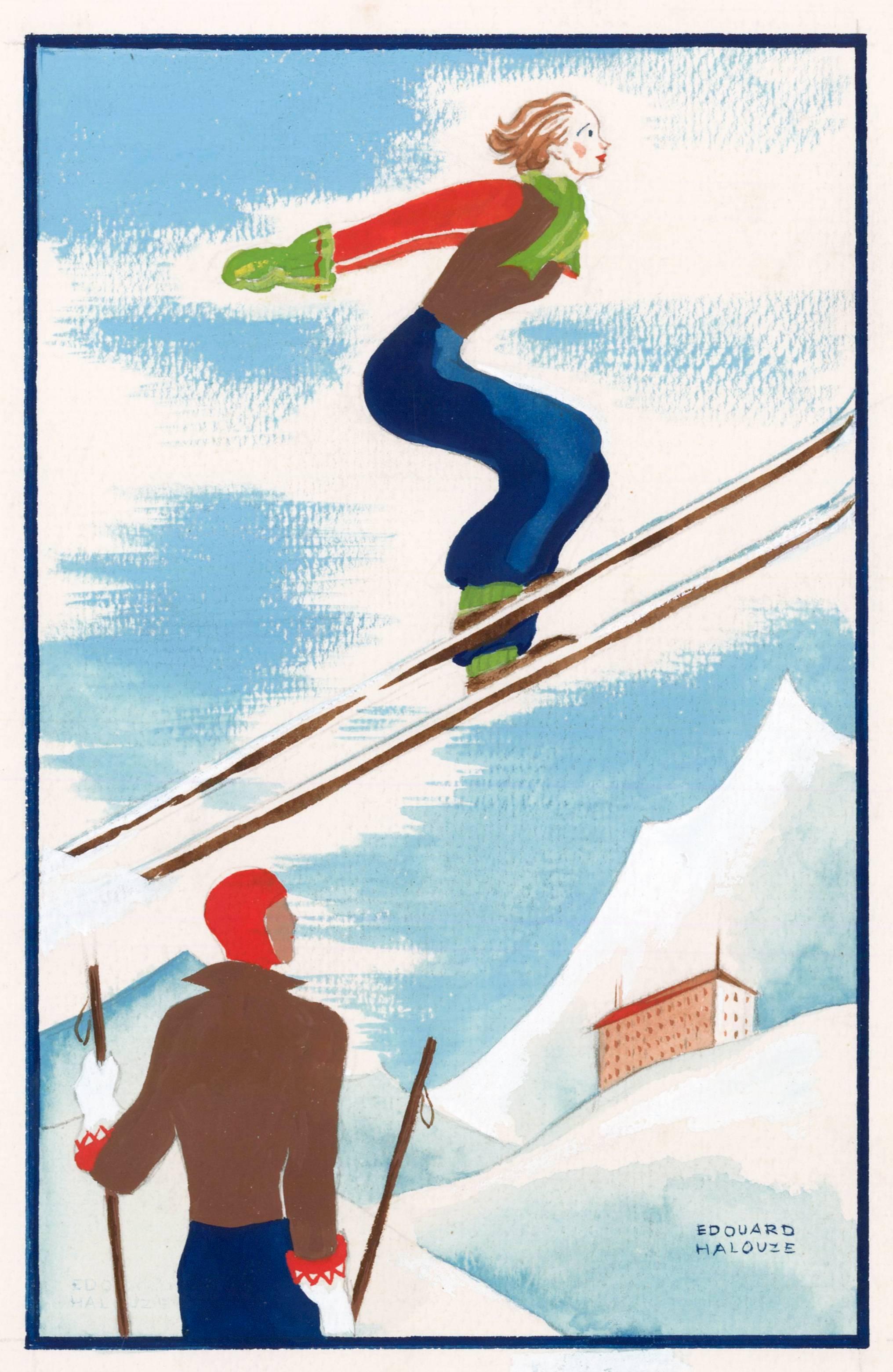 Edouard Halouze Figurative Painting - Original Art Deco Gouache of Skiers, circa 1920