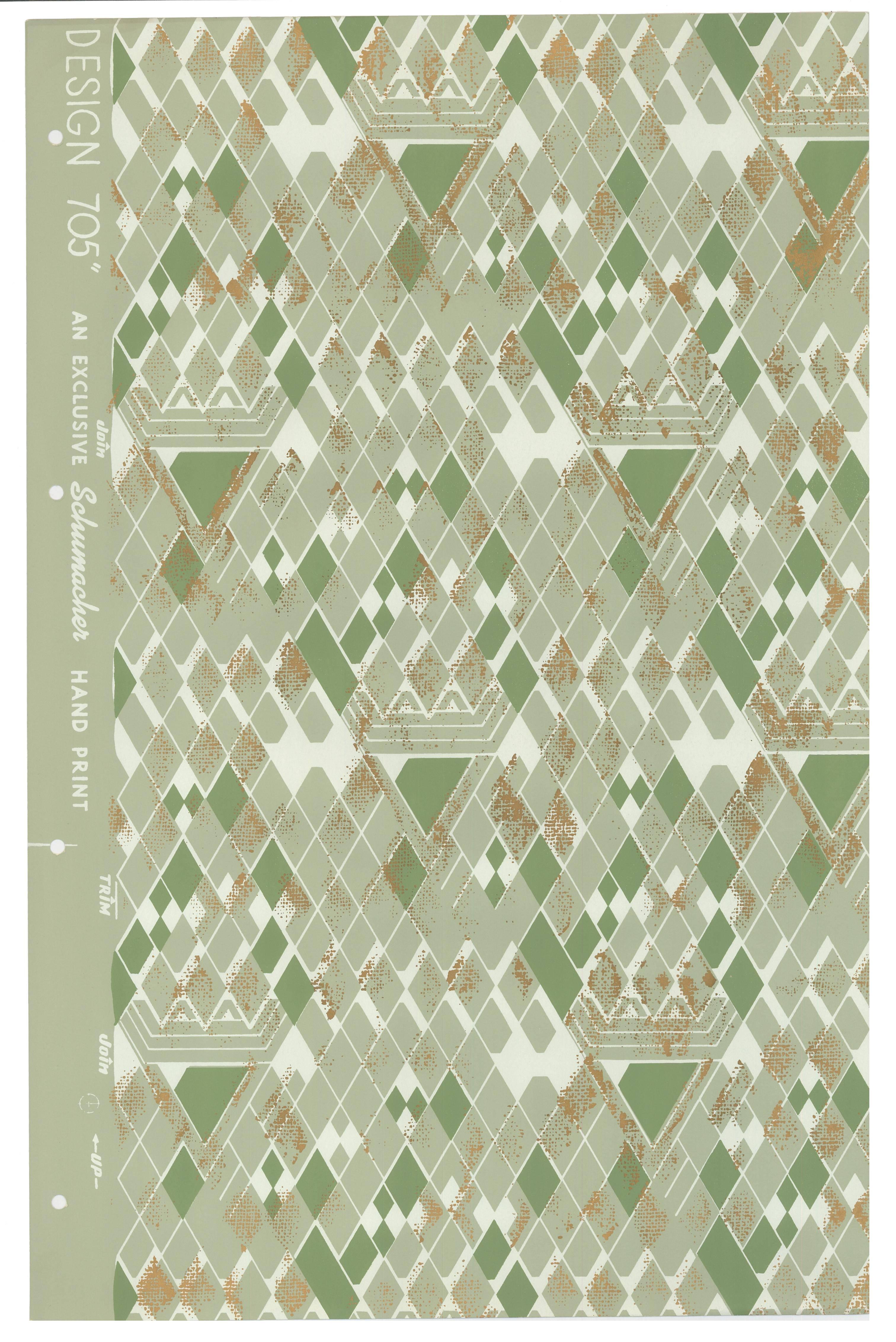 Set of seven "Design 705" original folio size wallpaper samples from "Schumacher's Taliesin Line of Decorative Fabrics and Wallpapers Designed by Frank Lloyd Wright." New York, F. Schumacher & Company, ca. 1955. Each sheet is