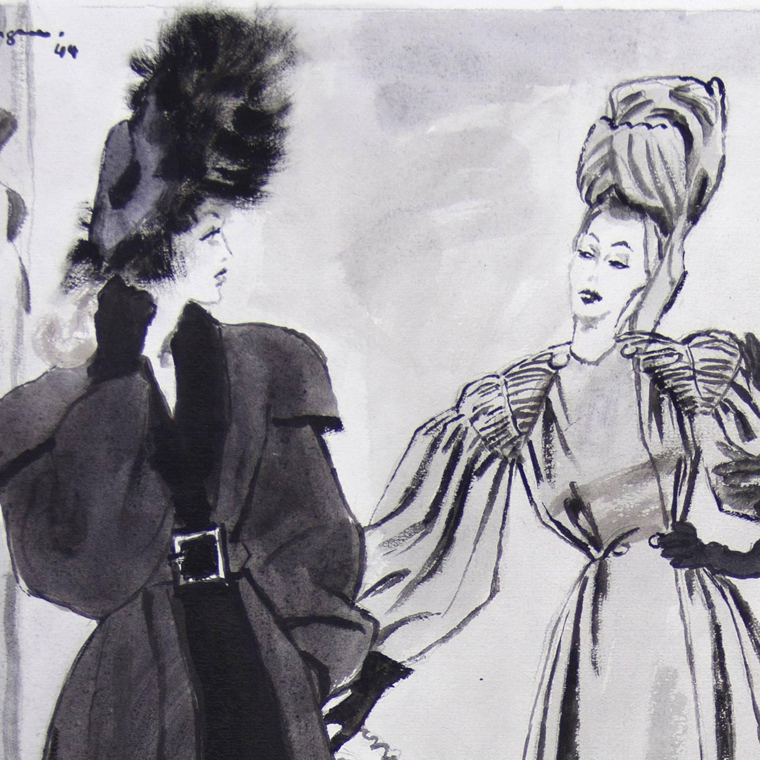 Modeillustration von Balenciaga:: Madame Grès und Rochas (Grau), Figurative Art, von Pierre Morgue