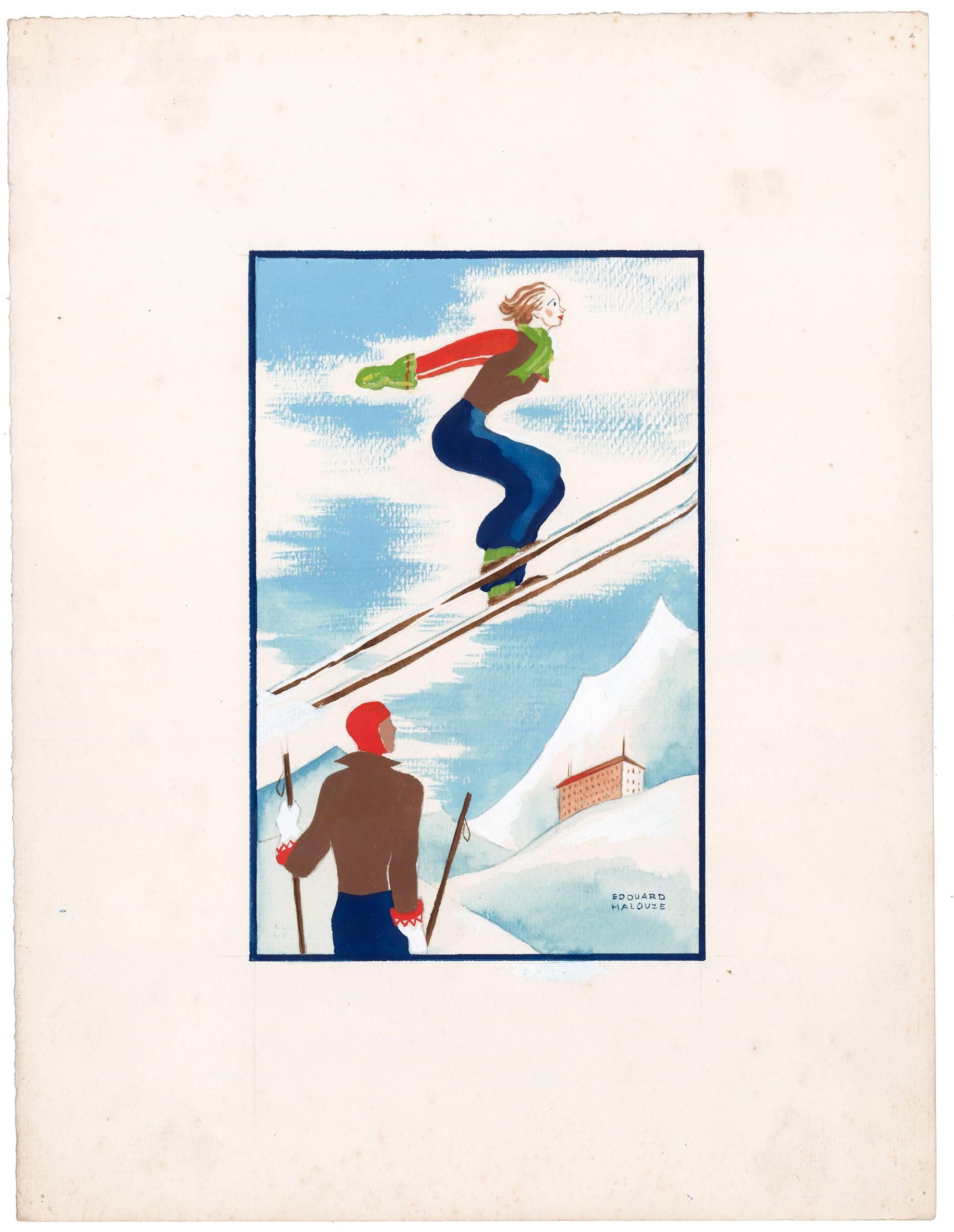 Original Art Deco Gouache of Skiers, circa 1920 - Painting by Edouard Halouze