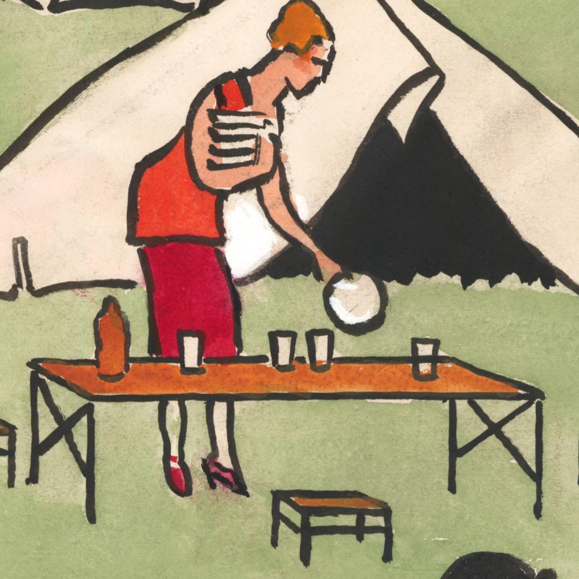 Original gouache on paper of people camping, likely in the French Alps, circa 1935. Signed at lower right 