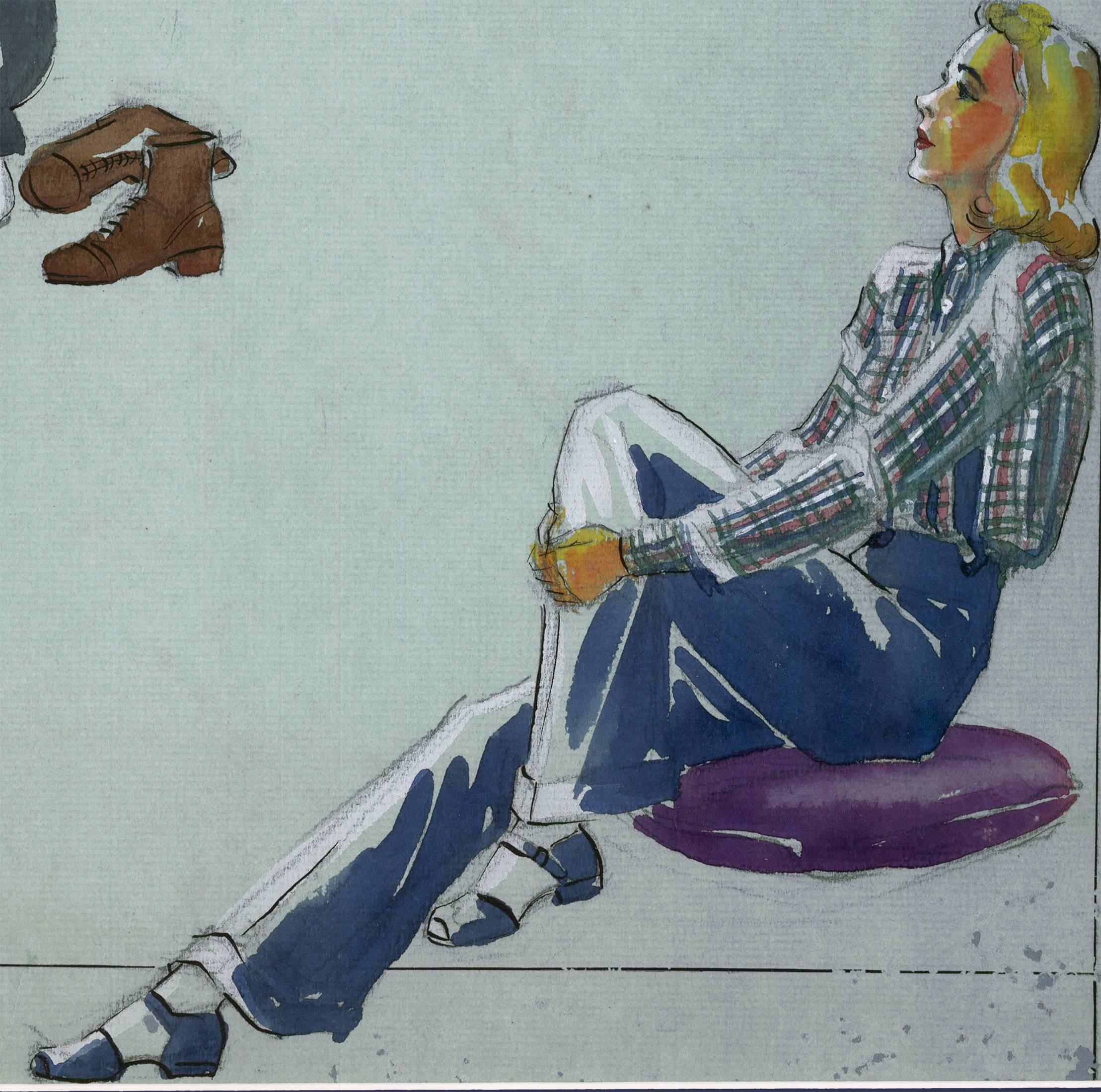 Skiing Fashion Illustration - Gray Figurative Art by Unknown
