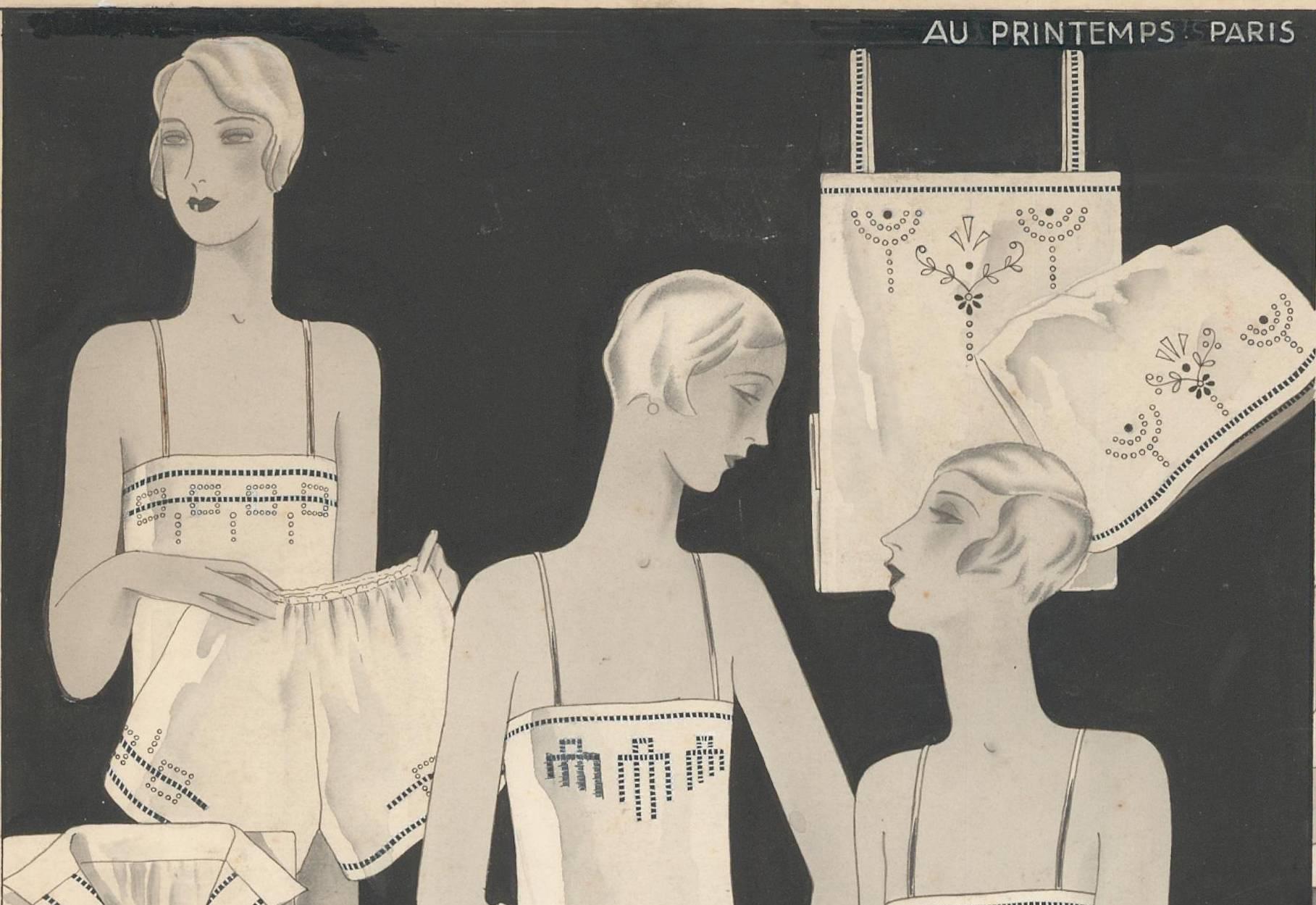 Illustrazione di lingerie per il catalogo Au Printemps del 1929. - Painting di Unknown