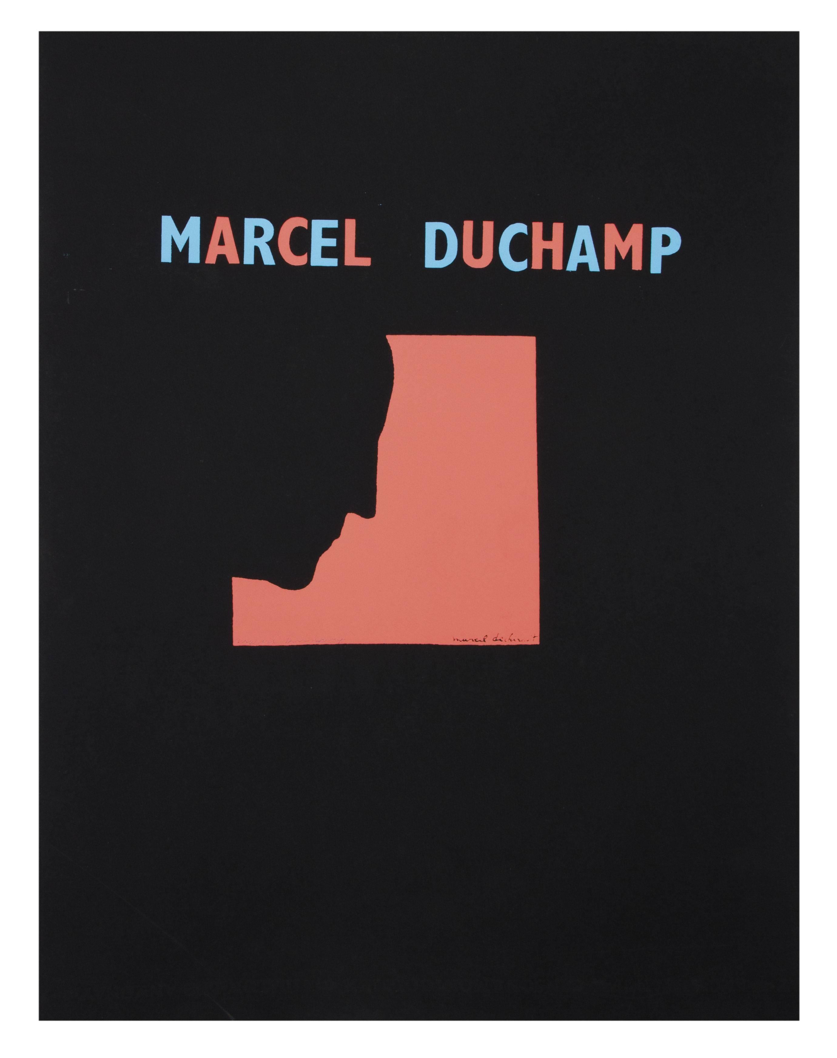 DUCHAMP, Marcel. Five Original Duchamp Screen-Print Posters: Self Portrait in Profile. Original serigraphs printed in blue or red on black Montgolfier paper. Each with printed signature at lower right: 