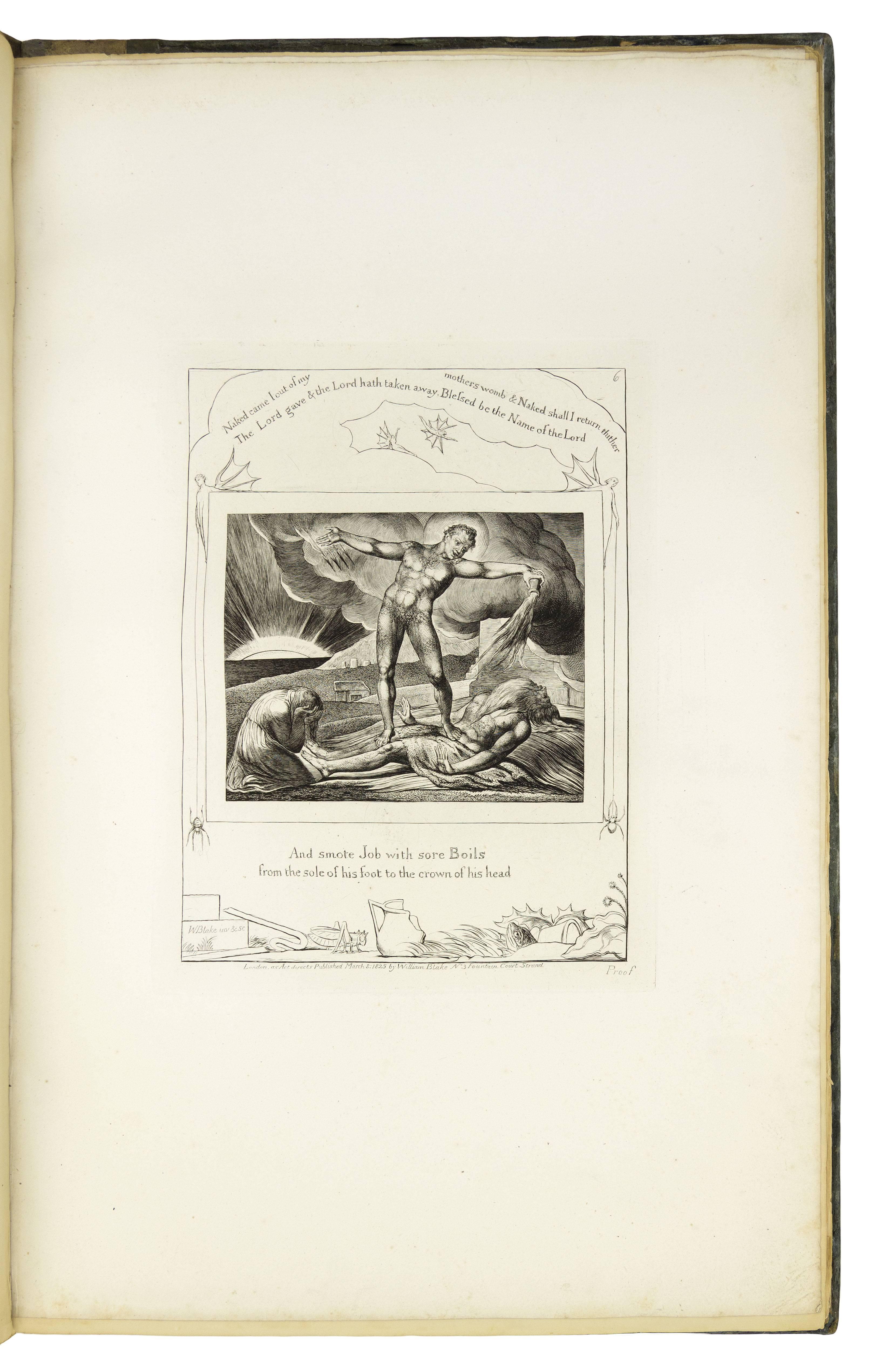 BLAKE, William. Illustrations of the Book of Job. Engraved title and 21 engraved plates, executed by William Blake after his own designs. Folio, 420 x 275 mm, bound in contemporary blue paper covered boards, grey paper spine. London: Published by