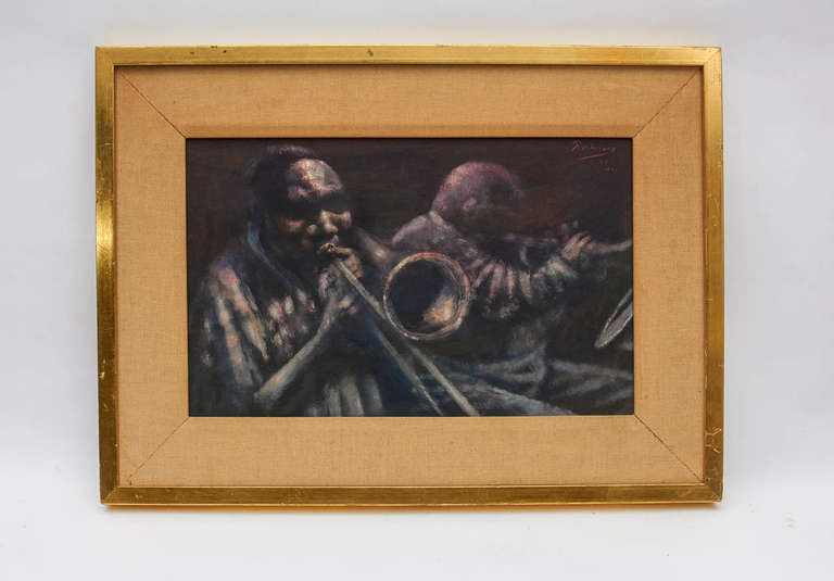 NOEL ROCKMORE (1928-1995) USA

Jim Robinson & Percy Humphrey - Jazz Musicians New Orleans (Preservation Hall Portraits) 1963

Oil on masonite, original gold leaf and linen frame

Signed: Rockmore, '63, May (upper right)
Marked Jim Robinson -