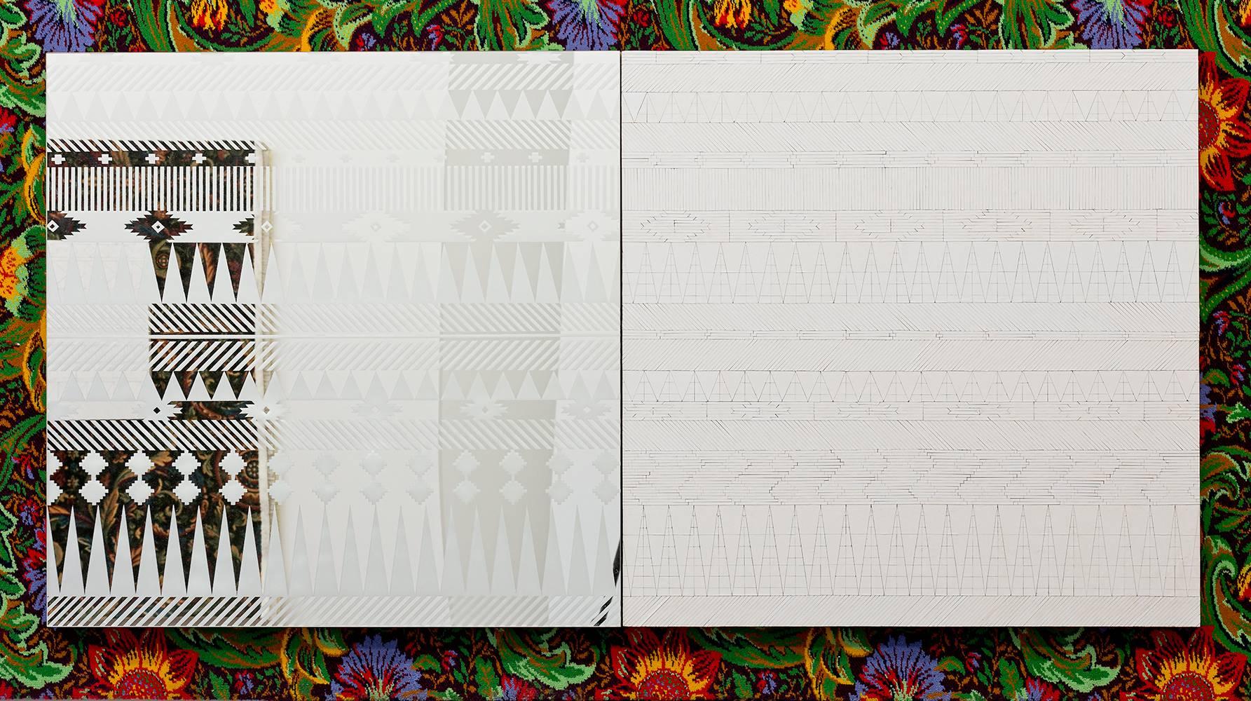Smoke and Mirrors, 2013
Used playing cards from the Ho-Chunk Nation, mirror, paint on 2 panels
102 x 203 cm / 40 x 80 in

Ghost of a Dream is the collaborative practice of artists Adam Eckstrom and Lauren Was. Eckstrom (b. 1974, Twin Cities, MN)