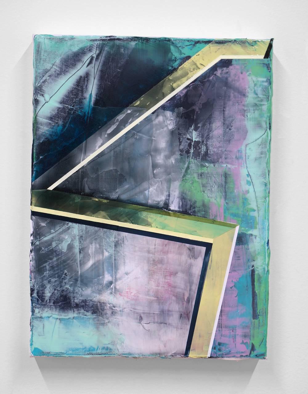 His research is set to the continuous relationship between abstraction and representation that becomes a genuine dialogue between analogical forms and geometric reduction, which draws a line between the presence in its flatness and color that
