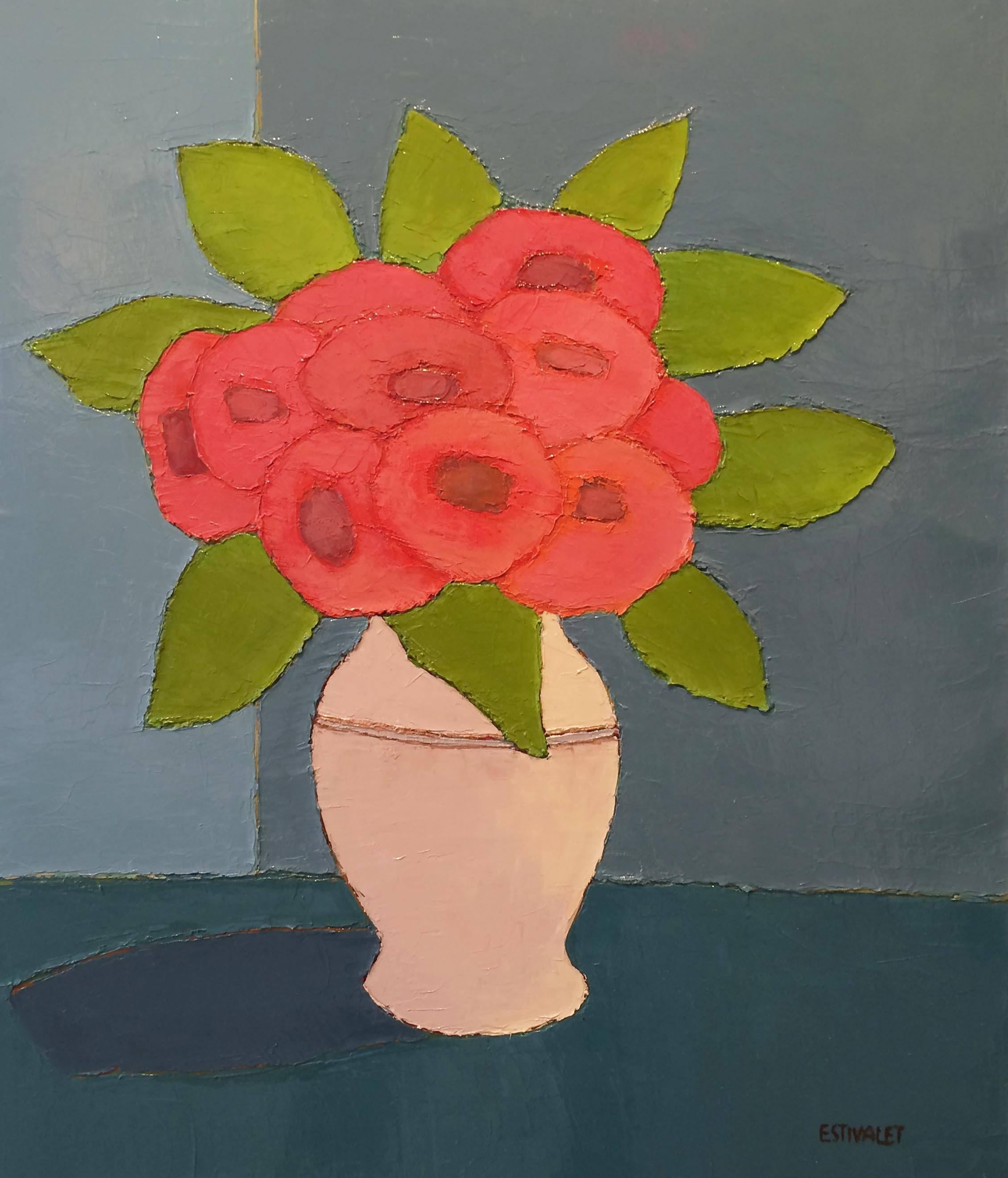 Rouge Et Vert Dans Le Vase - Painting by Elisabeth Estivalet