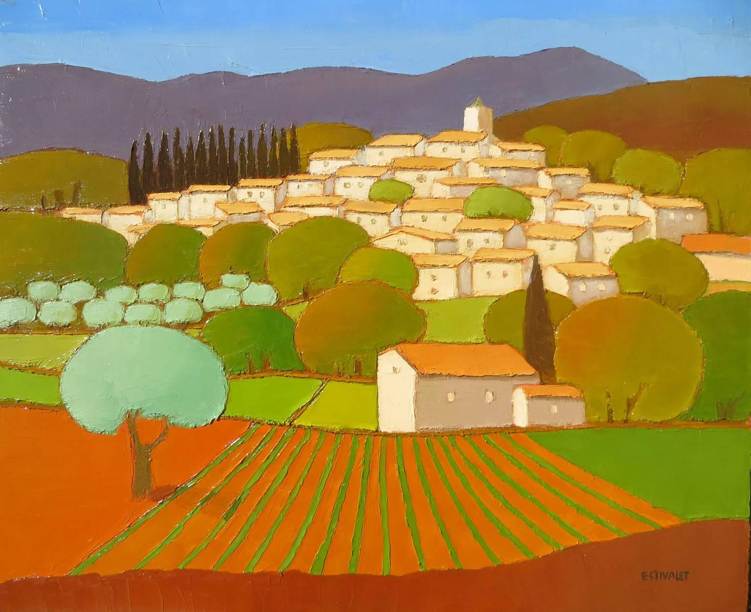 Elisabeth Estivalet Landscape Painting - L'Olivier Au Pied Du Village 