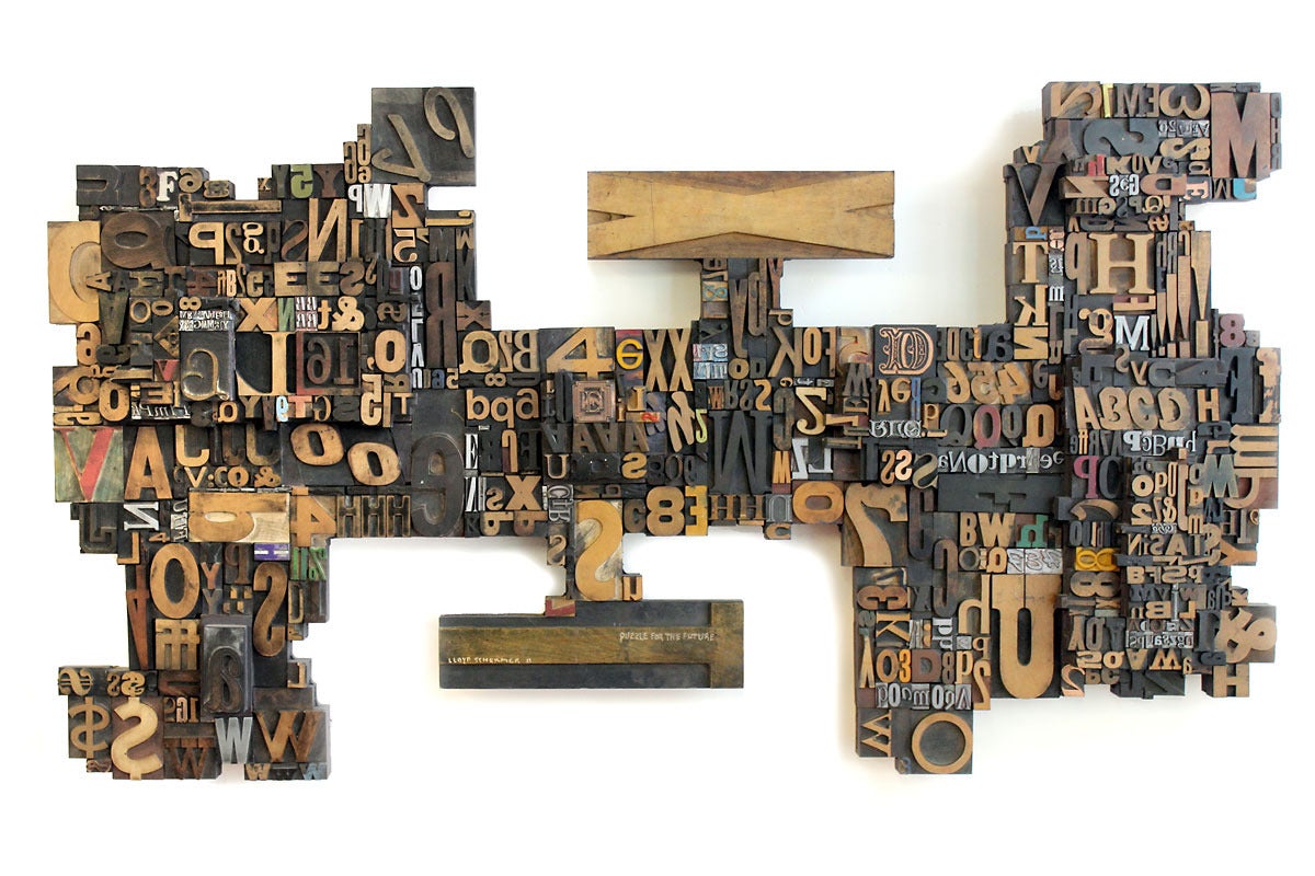 Lloyd Schermer Abstract Sculpture - A Puzzle for the Future (wood, sculpture, letters, numbers) 