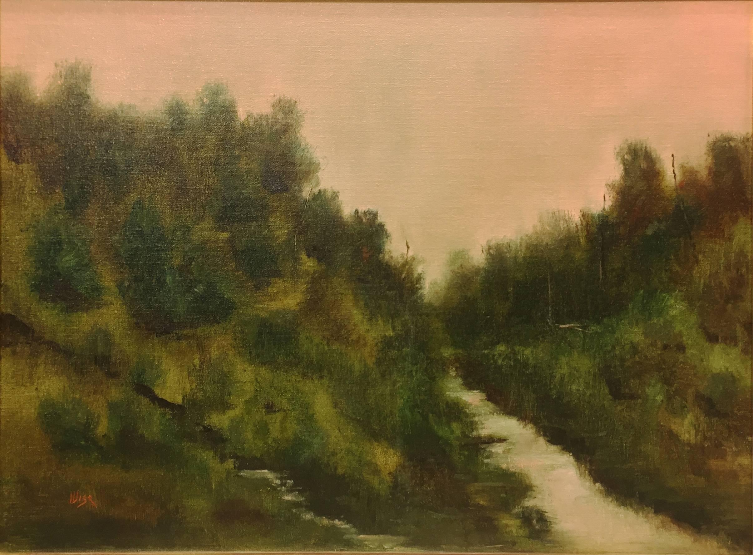 Marie Figge Wise Landscape Painting - Convergence (lush landscape, river, pastel sky)